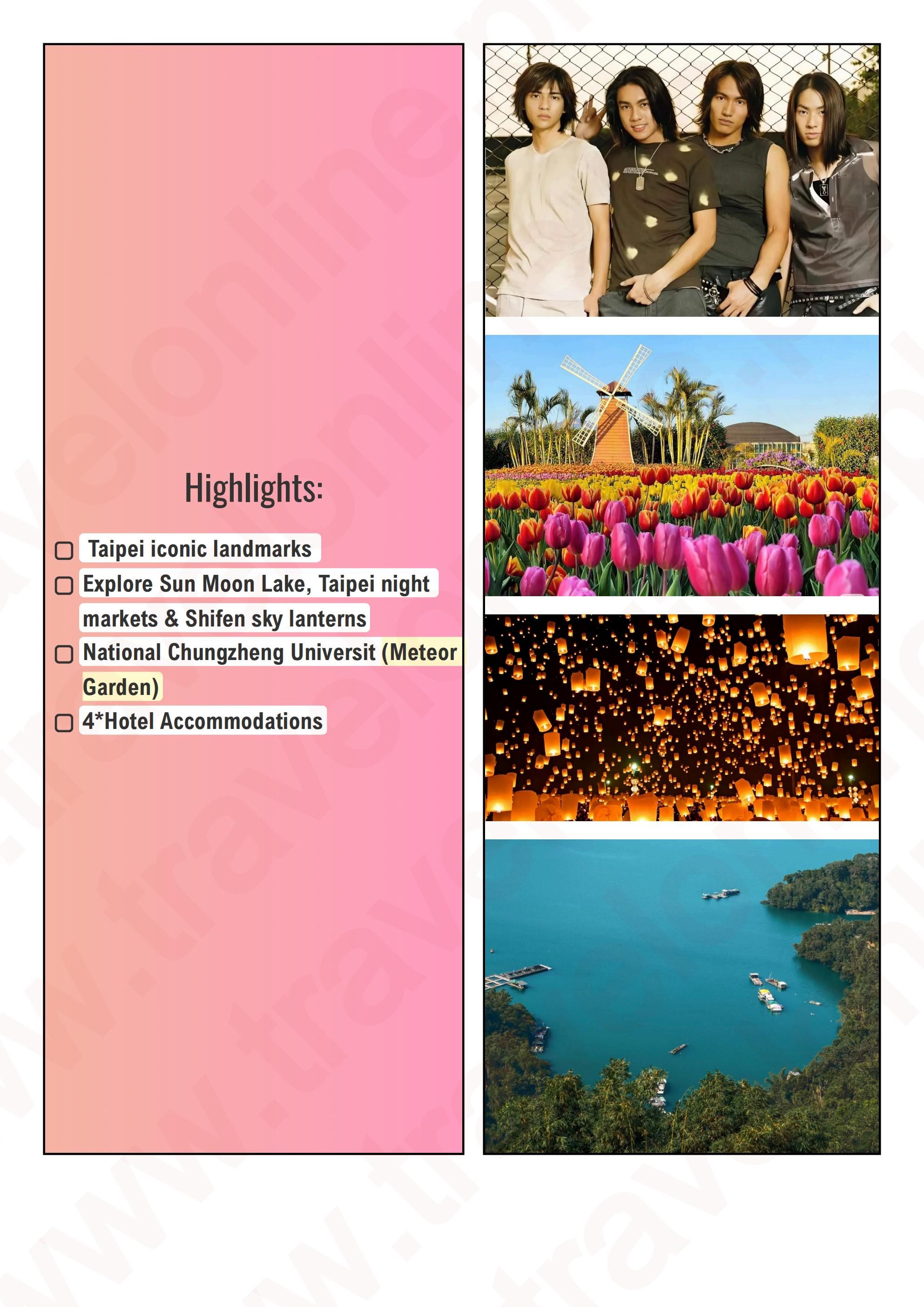 TAIWAN 4 DAYS 3 NIGHTS ALL IN JOINER GROUP TOUR PACKAGE FROM MANILA PHILIPPINES - AS LOW AS: $589/PAX - TRAVELONLINE itinerary