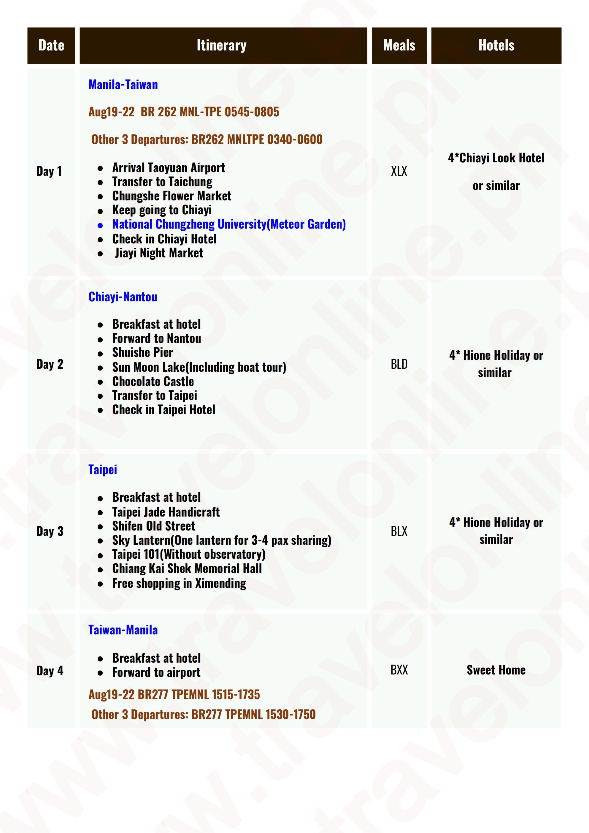 TAIWAN 4 DAYS 3 NIGHTS ALL IN JOINER GROUP TOUR PACKAGE FROM MANILA PHILIPPINES - AS LOW AS: $589/PAX - TRAVELONLINE itinerary