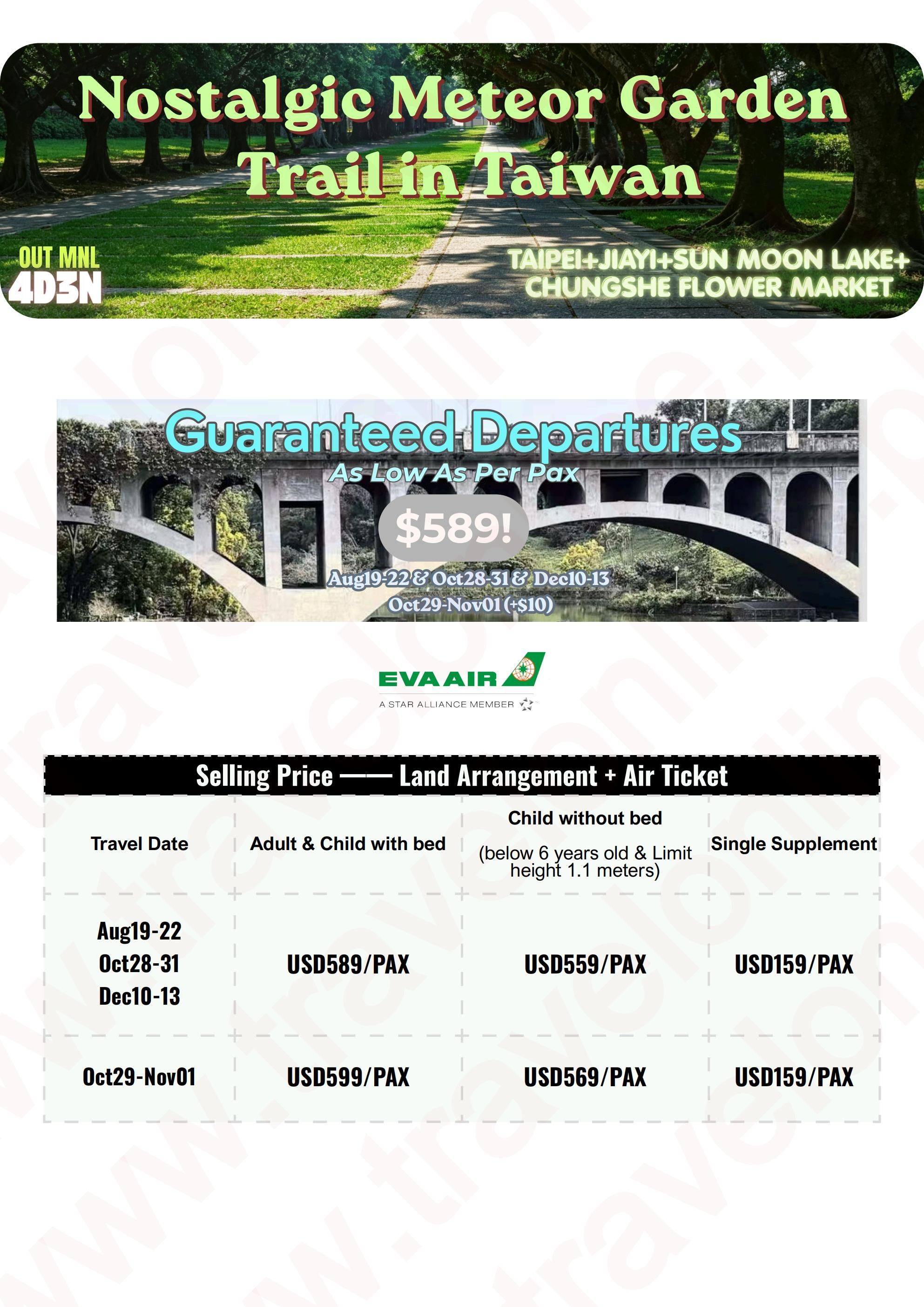 TAIWAN 4 DAYS 3 NIGHTS ALL IN JOINER GROUP TOUR PACKAGE FROM MANILA PHILIPPINES - AS LOW AS: $589/PAX - TRAVELONLINE itinerary