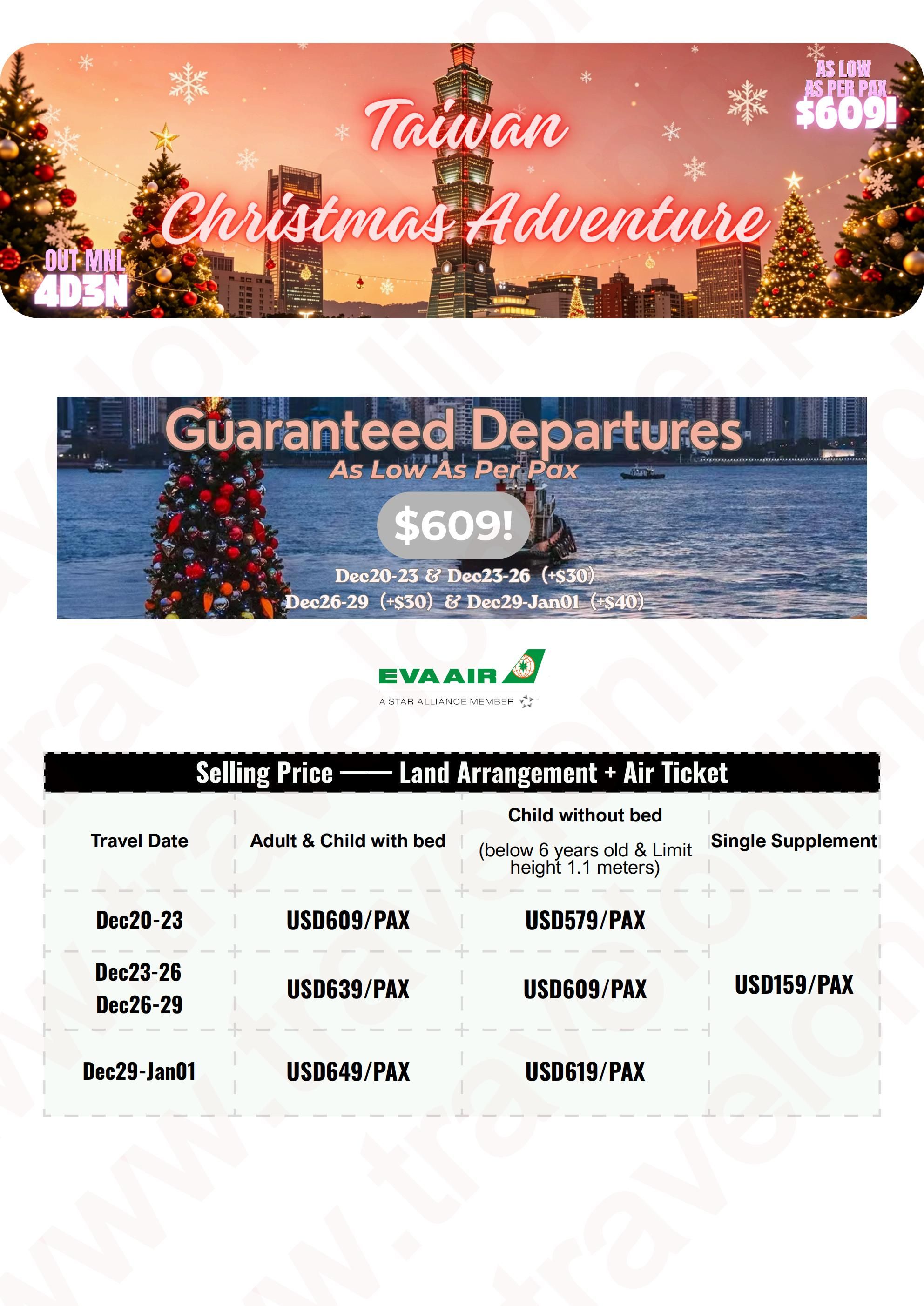TAIWAN 4 DAYS 3 NIGHTS ALL IN JOINER GROUP TOUR PACKAGE FROM MANILA PHILIPPINES - AS LOW AS: $609/PAX - TRAVELONLINE itinerary