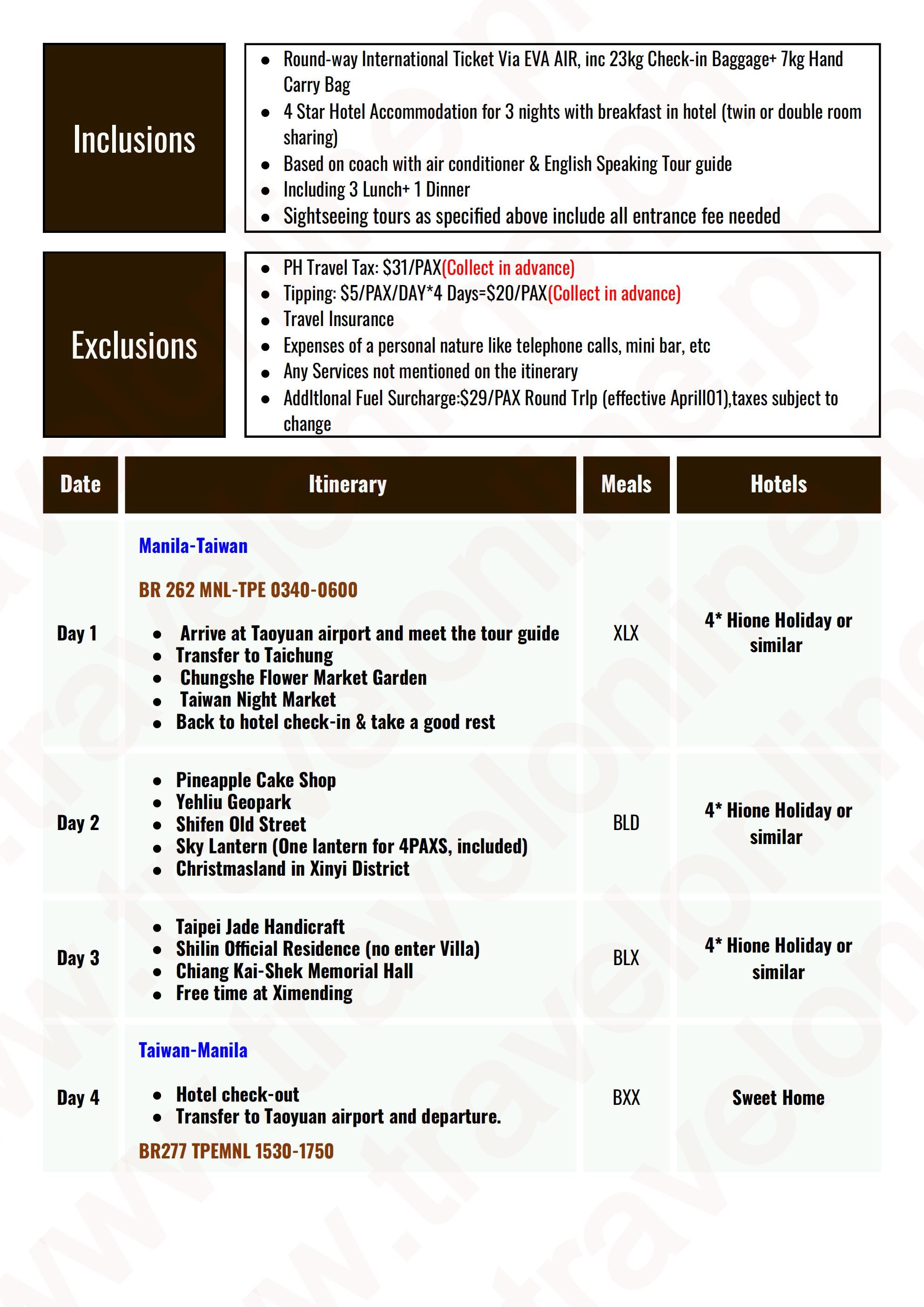 TAIWAN 4 DAYS 3 NIGHTS ALL IN JOINER GROUP TOUR PACKAGE FROM MANILA PHILIPPINES - AS LOW AS: $609/PAX - TRAVELONLINE itinerary
