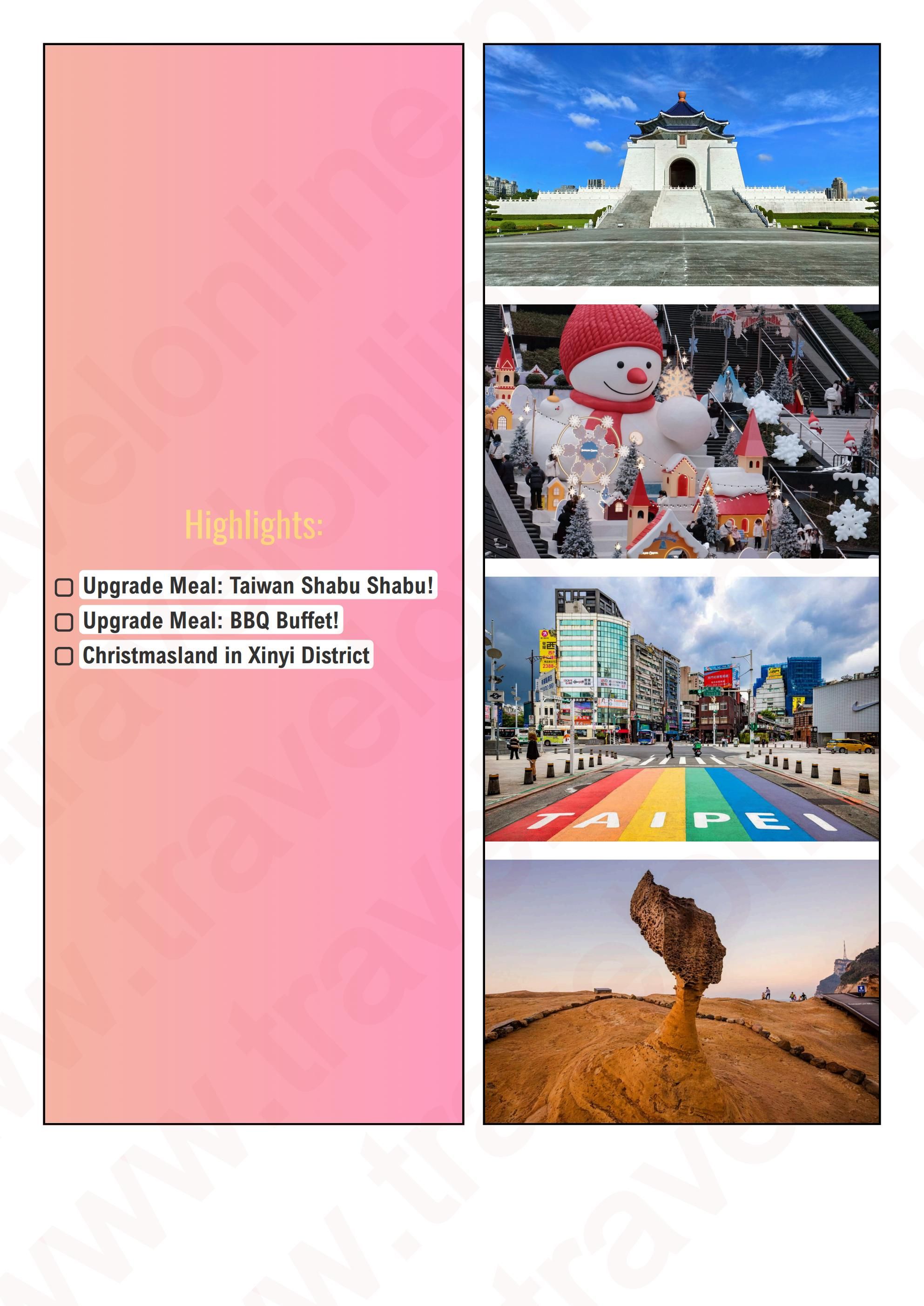 TAIWAN 4 DAYS 3 NIGHTS ALL IN JOINER GROUP TOUR PACKAGE FROM MANILA PHILIPPINES - AS LOW AS: $609/PAX - TRAVELONLINE itinerary