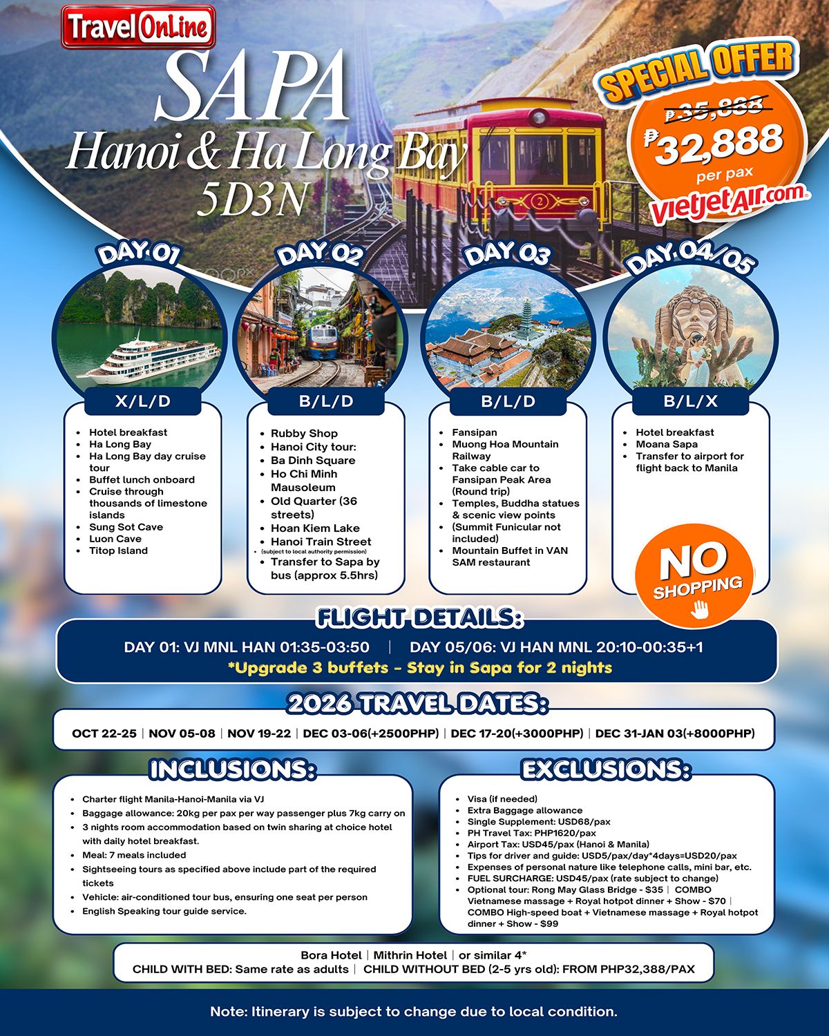 HANOI SAPA HA LONG BAY VIETNAM 5 DAYS 3 NIGHTS ALL IN JOINER GROUP TOUR PACKAGE FROM MANILA PHILIPPINES - AS LOW AS: ₱32888/PAX - TRAVELONLINE promo image