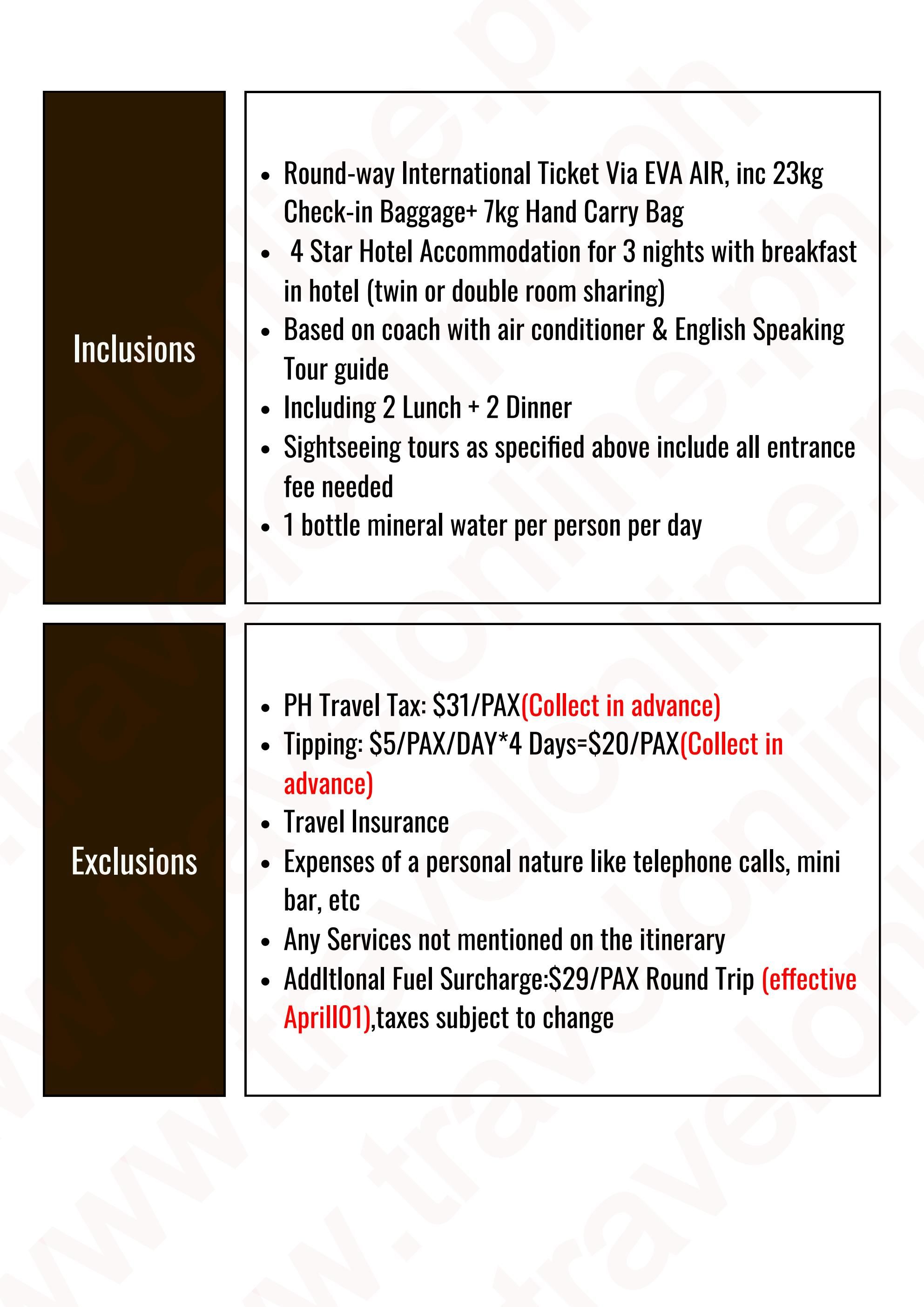 TAIWAN 4 DAYS 3 NIGHTS ALL IN JOINER GROUP TOUR PACKAGE FROM CEBU PHILIPPINES - AS LOW AS: $589/PAX - TRAVELONLINE itinerary