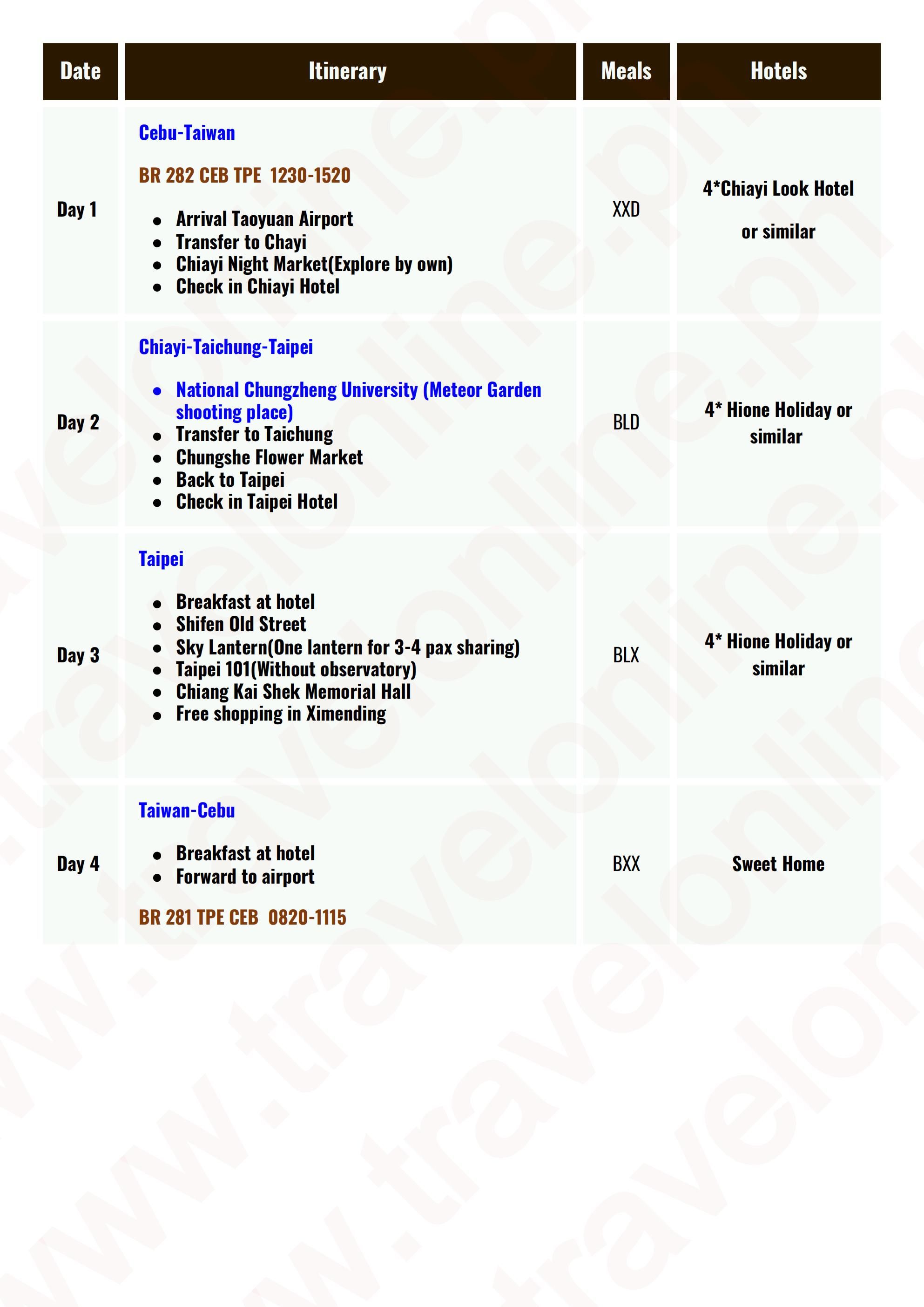 TAIWAN 4 DAYS 3 NIGHTS ALL IN JOINER GROUP TOUR PACKAGE FROM CEBU PHILIPPINES - AS LOW AS: $589/PAX - TRAVELONLINE itinerary