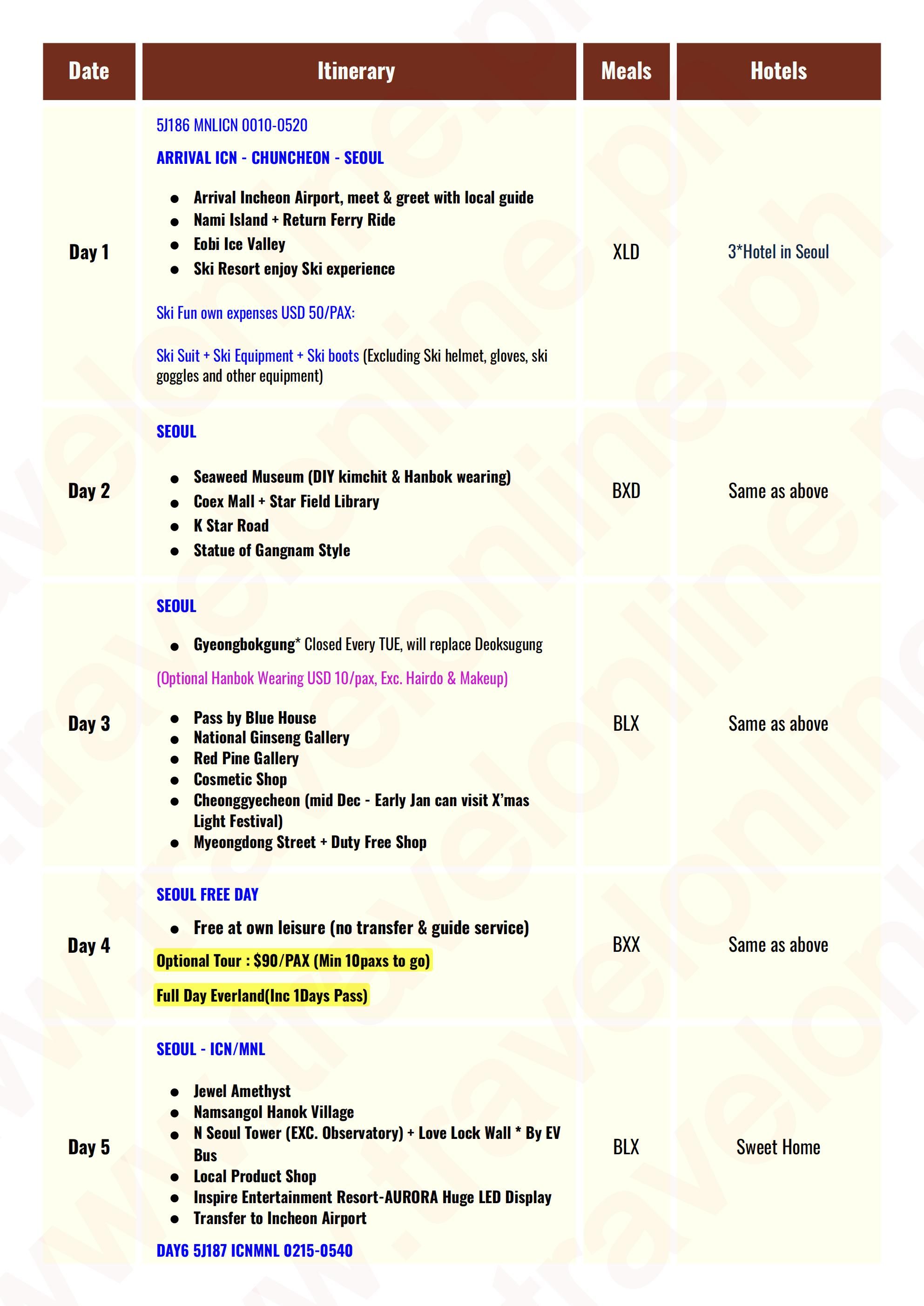 SOUTH KOREA 6 DAYS 4 NIGHTS ALL IN JOINER GROUP TOUR PACKAGE FROM MANILA PHILIPPINES - AS LOW AS: $599/PAX - TRAVELONLINE itinerary