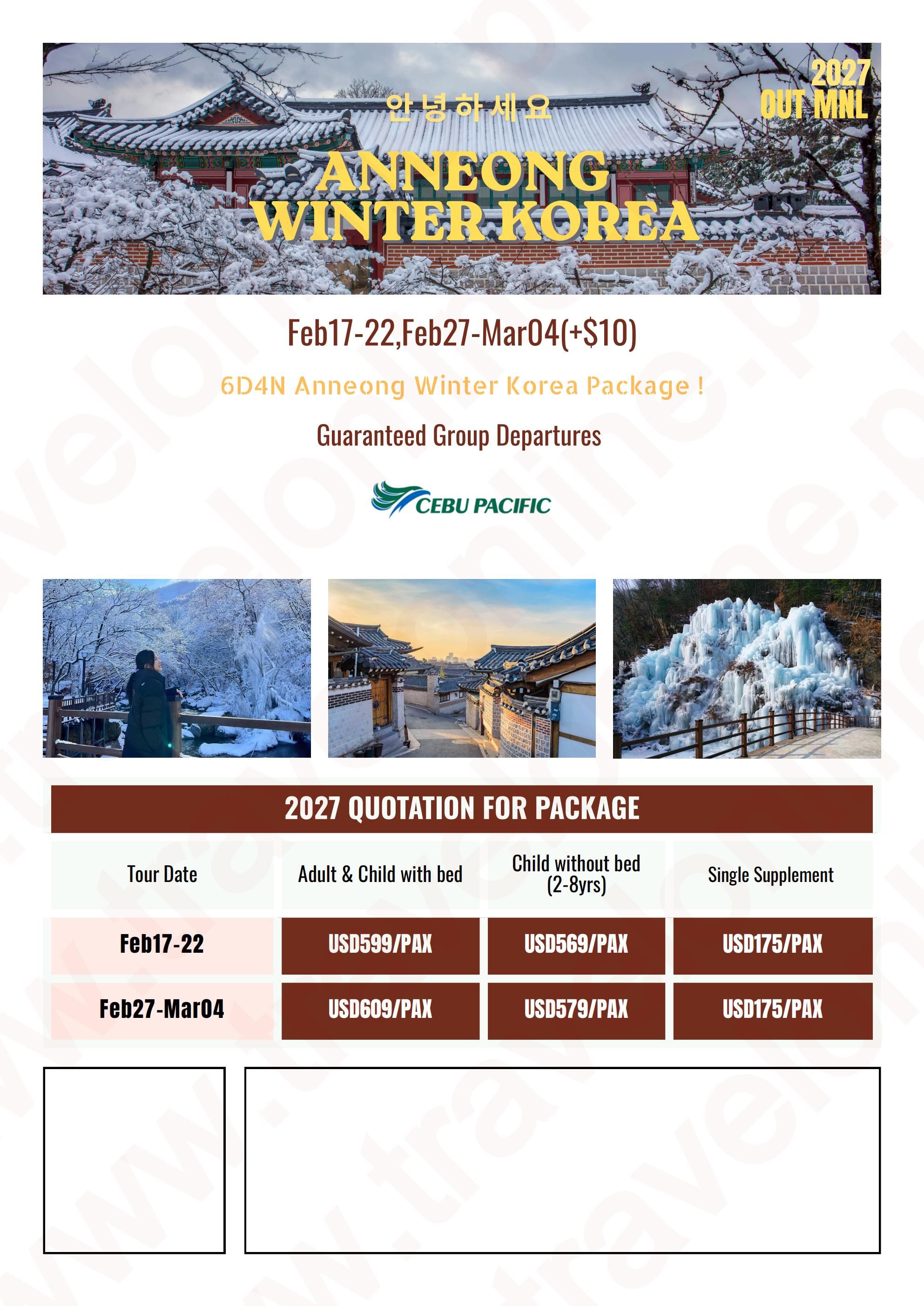 SOUTH KOREA 6 DAYS 4 NIGHTS ALL IN JOINER GROUP TOUR PACKAGE FROM MANILA PHILIPPINES - AS LOW AS: $599/PAX - TRAVELONLINE itinerary