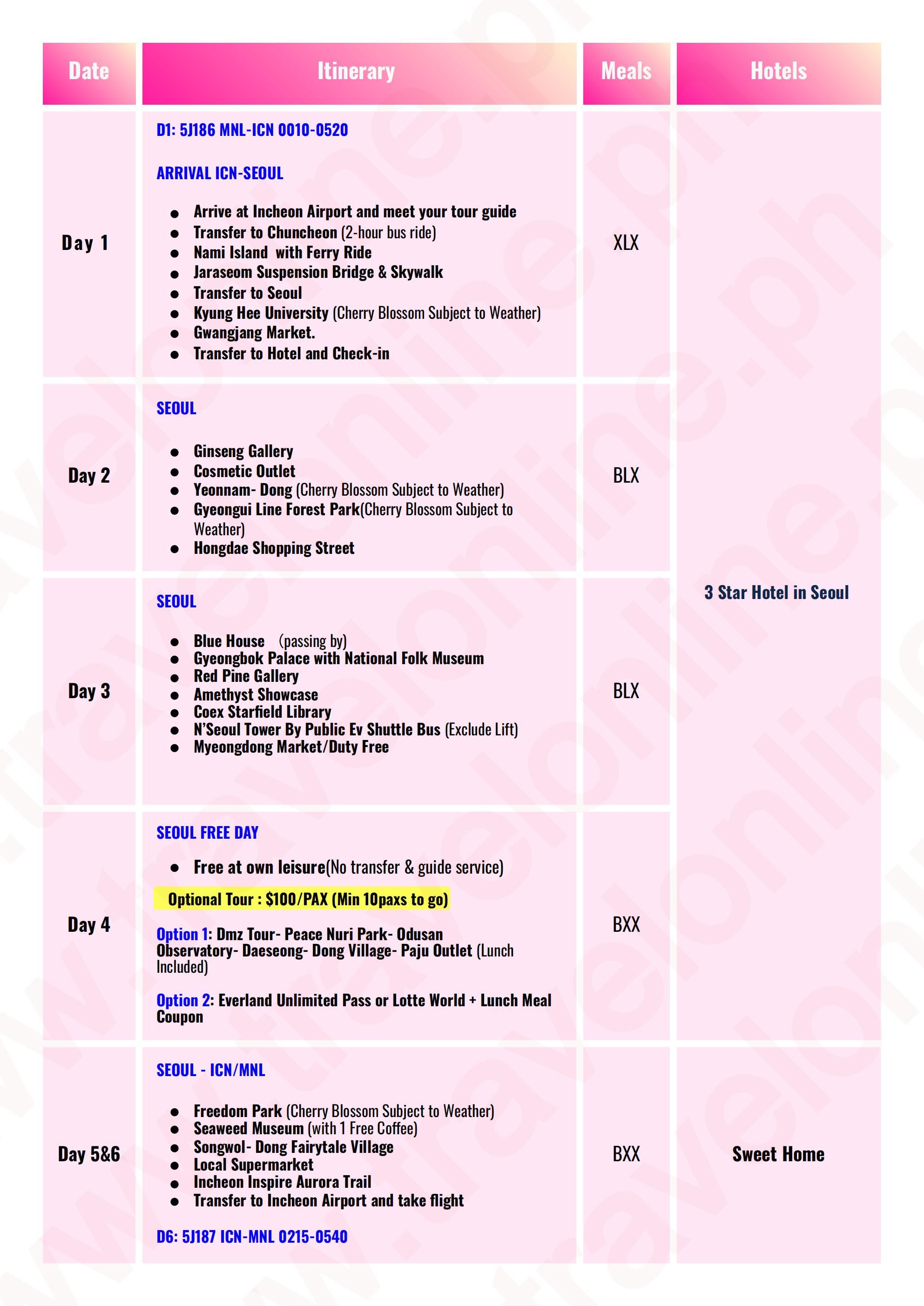 SOUTH KOREA SPRING BLOSSOM 6 DAYS 4 NIGHTS ALL IN JOINER GROUP TOUR PACKAGE FROM MANILA PHILIPPINES - AS LOW AS: $549/PAX - TRAVELONLINE itinerary