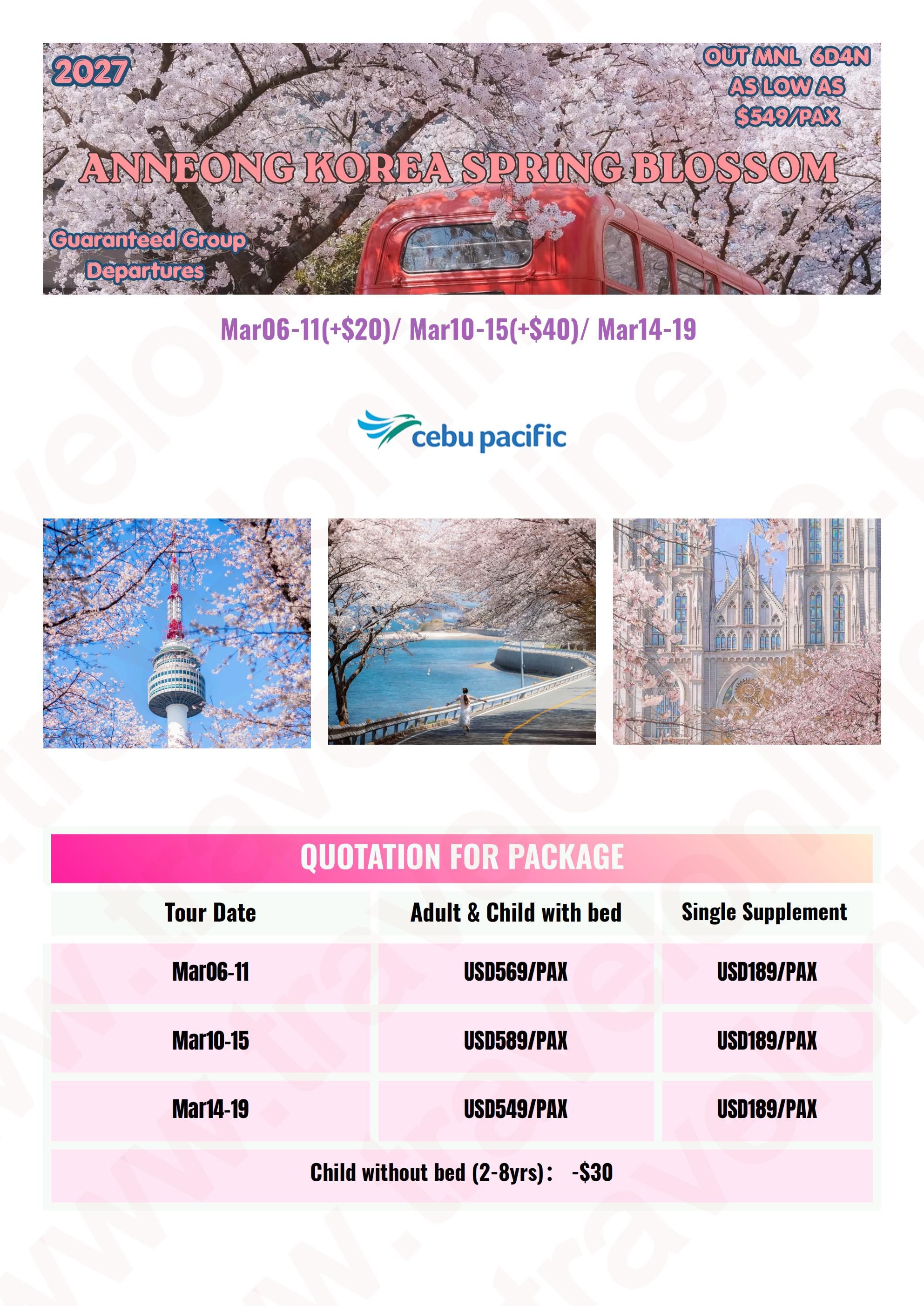 SOUTH KOREA SPRING BLOSSOM 6 DAYS 4 NIGHTS ALL IN JOINER GROUP TOUR PACKAGE FROM MANILA PHILIPPINES - AS LOW AS: $549/PAX - TRAVELONLINE itinerary