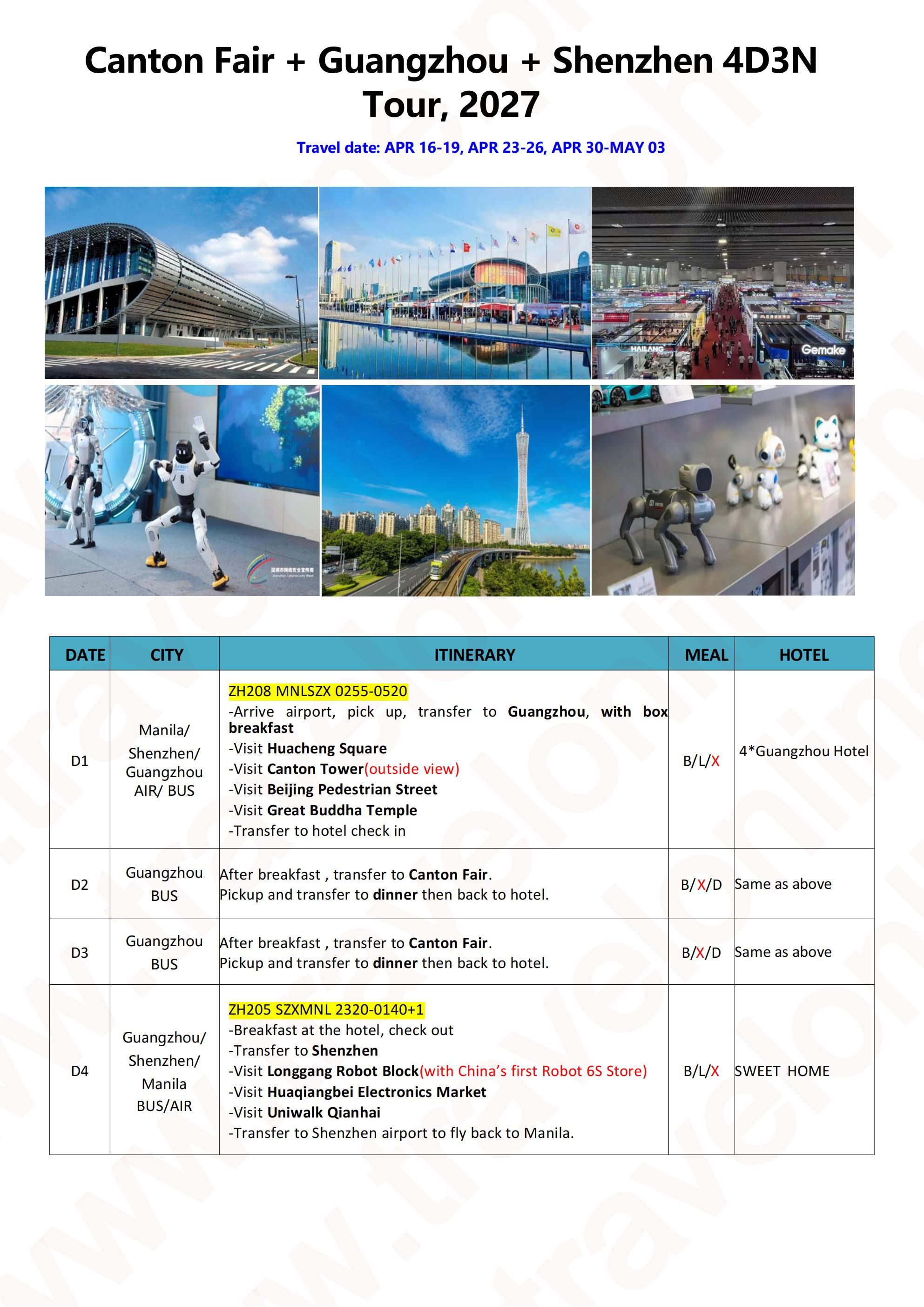 GUANGZHOU SHENZHEN CANTON FAIR CHINA 4 DAYS 3 NIGHTS ALL IN JOINER GROUP TOUR PACKAGE FROM MANILA PHILIPPINES - AS LOW AS: $799/PAX - TRAVELONLINE itinerary