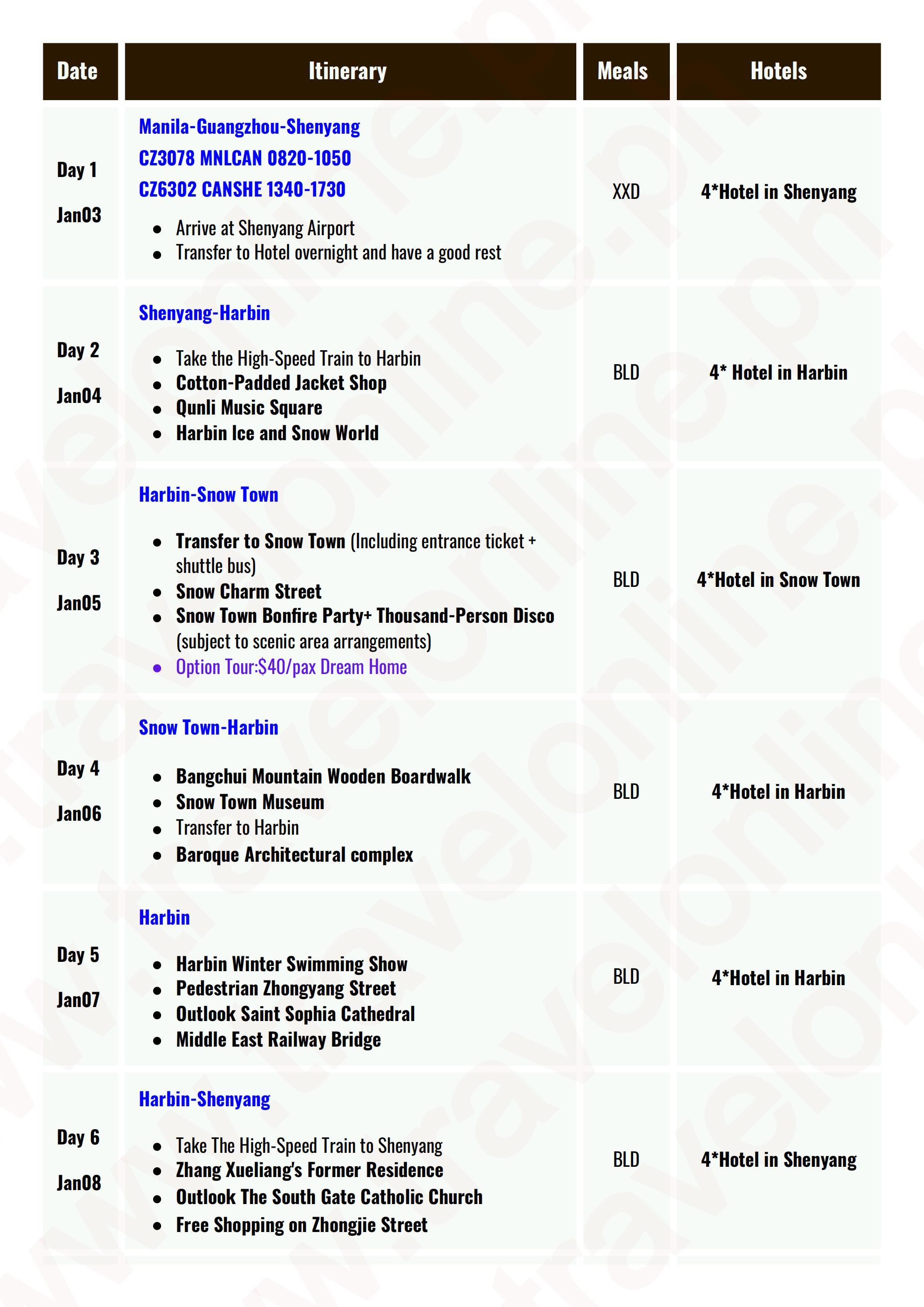CHINA HARBIN AND SNOW TOWN 7 DAYS 6 NIGHTS ALL IN JOINER GROUP TOUR PACKAGE FROM MANILA PHILIPPINES - AS LOW AS: $1338/PAX - TRAVELONLINE itinerary