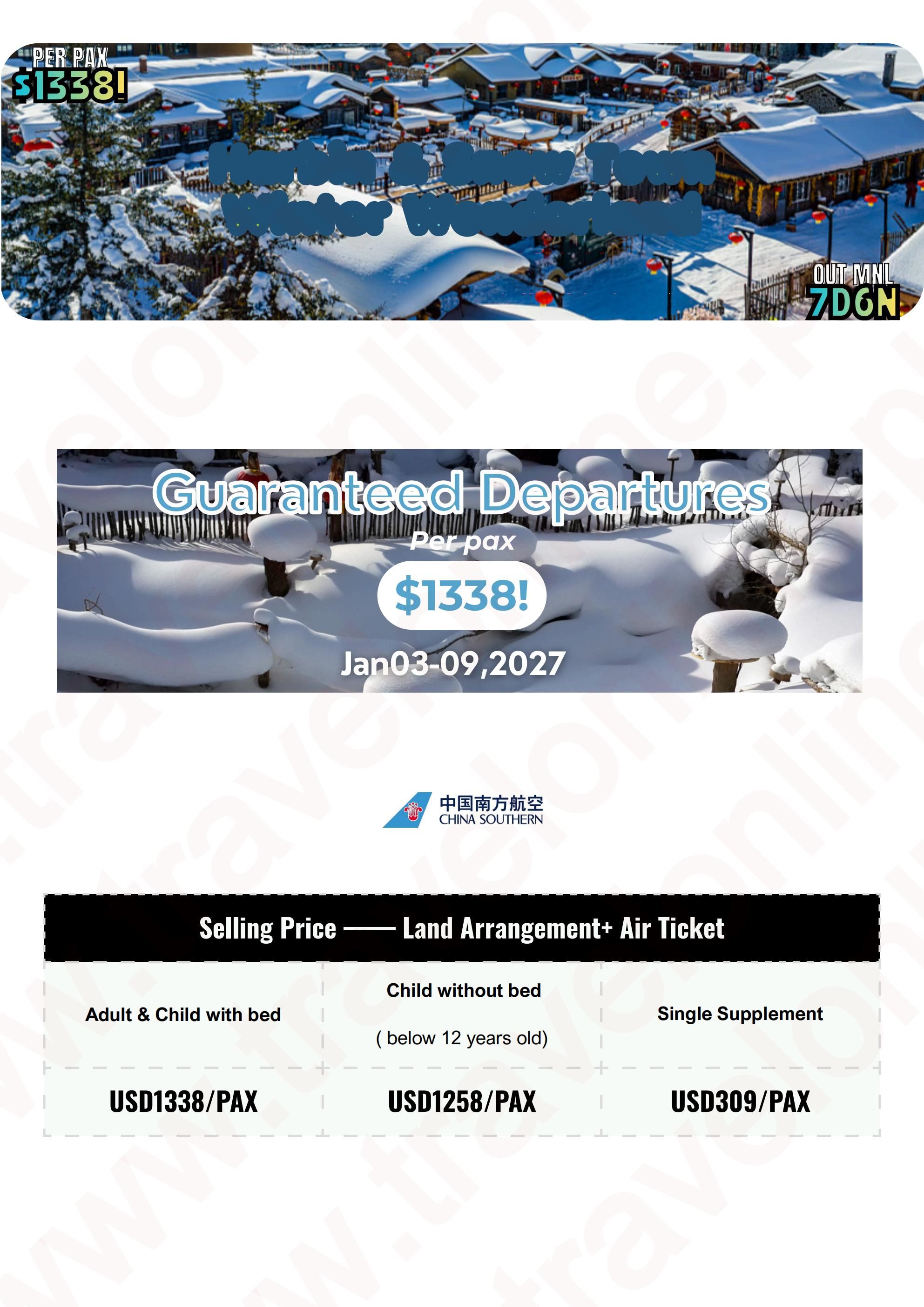 CHINA HARBIN AND SNOW TOWN 7 DAYS 6 NIGHTS ALL IN JOINER GROUP TOUR PACKAGE FROM MANILA PHILIPPINES - AS LOW AS: $1338/PAX - TRAVELONLINE itinerary