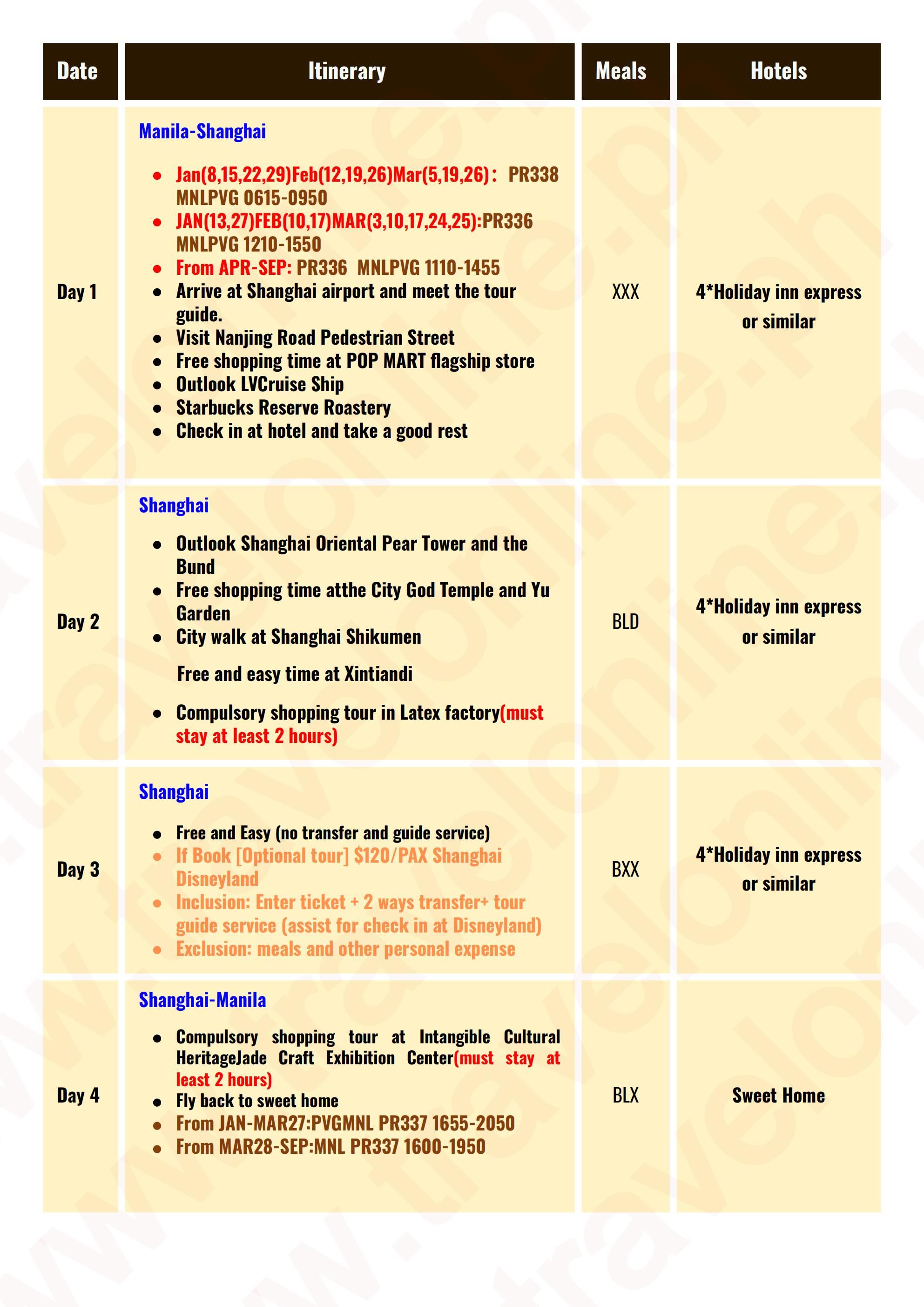 SHANGHAI CHINA 4 DAYS 3 NIGHTS ALL IN JOINER GROUP TOUR PACKAGE FROM MANILA PHILIPPINES - AS LOW AS: $399/PAX - TRAVELONLINE itinerary