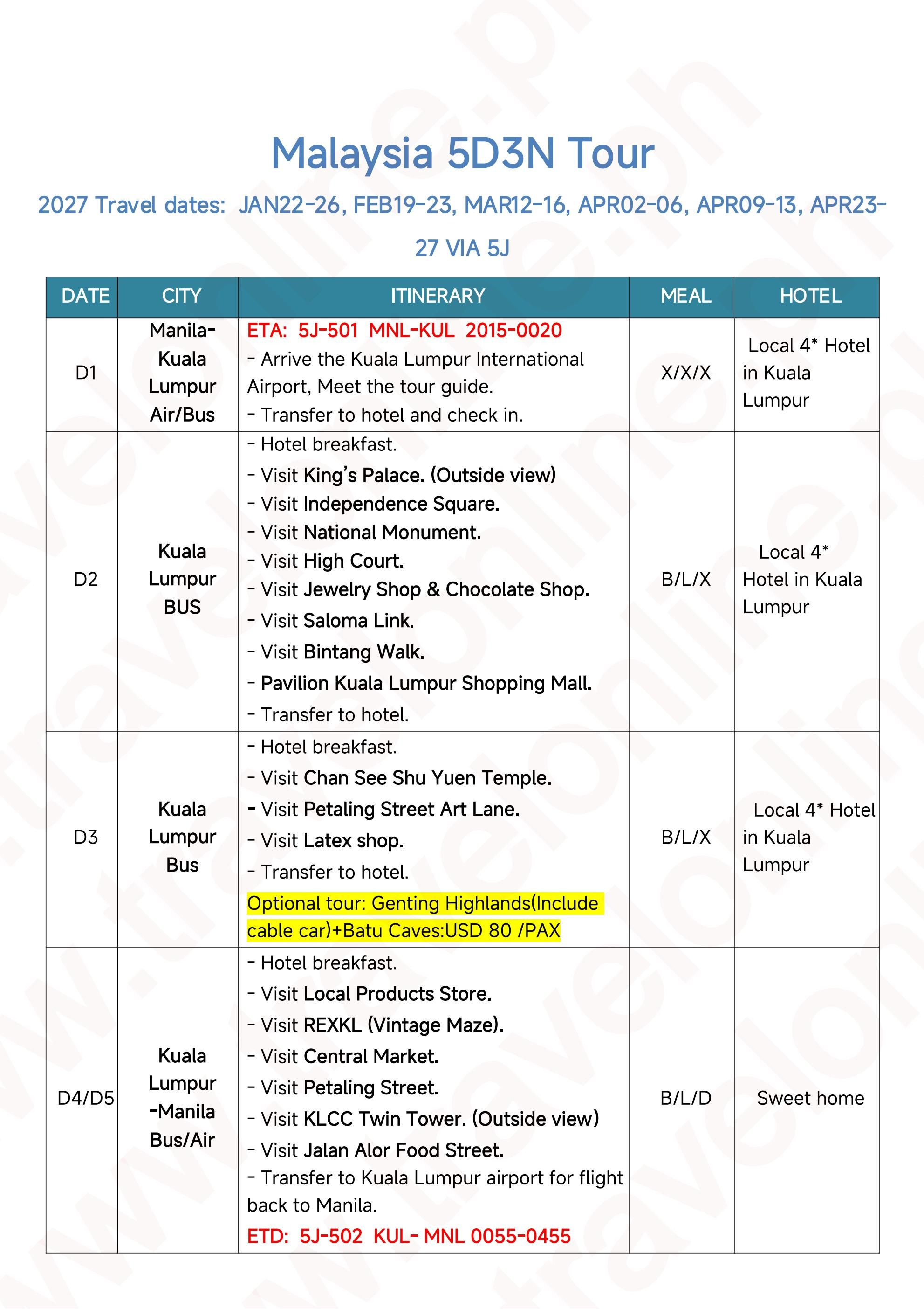 MALAYSIA 5 DAYS 3 NIGHTS ALL IN JOINER GROUP TOUR PACKAGE FROM MANILA PHILIPPINES - AS LOW AS: $449/PAX - TRAVELONLINE itinerary