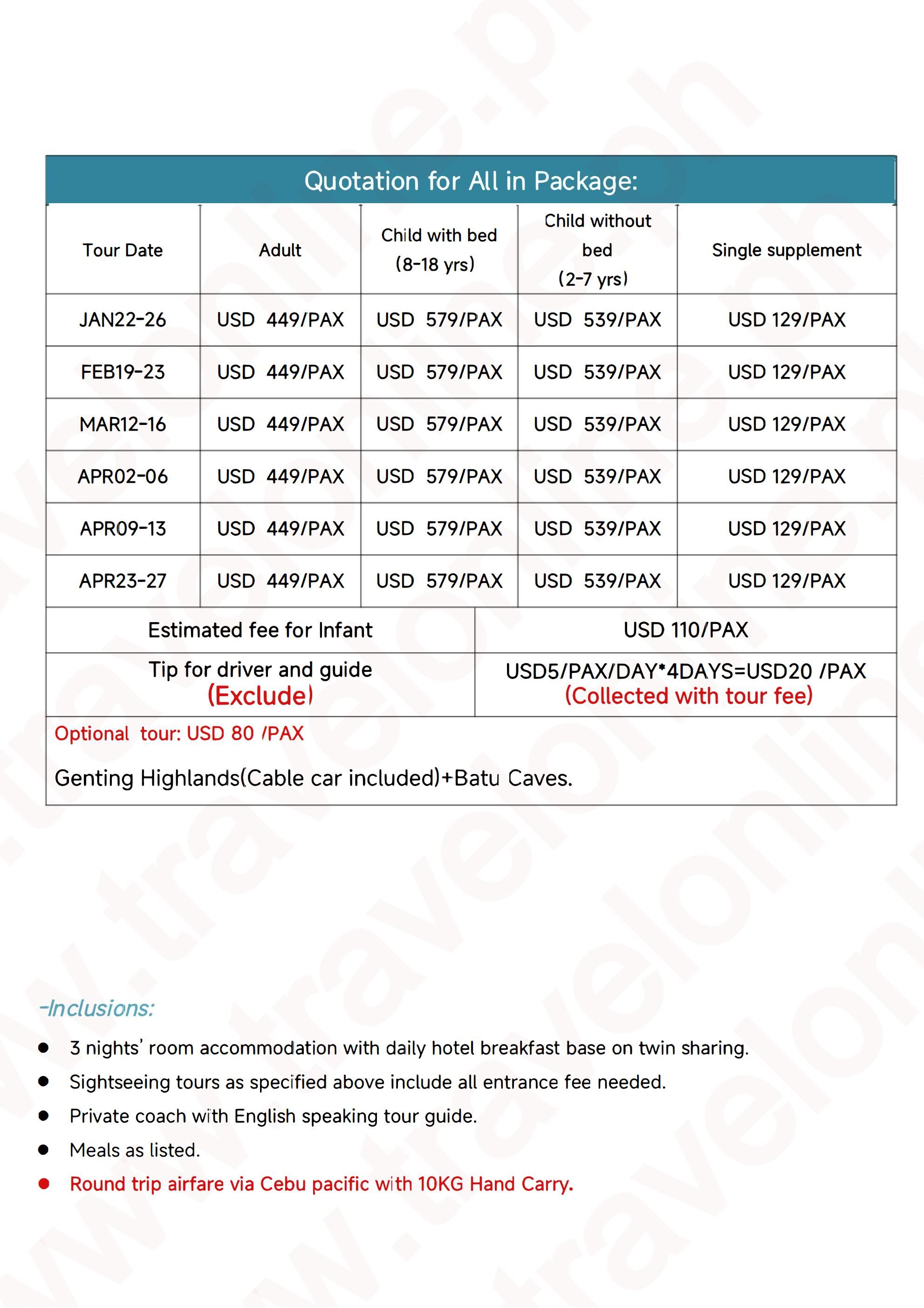 MALAYSIA 5 DAYS 3 NIGHTS ALL IN JOINER GROUP TOUR PACKAGE FROM MANILA PHILIPPINES - AS LOW AS: $449/PAX - TRAVELONLINE itinerary