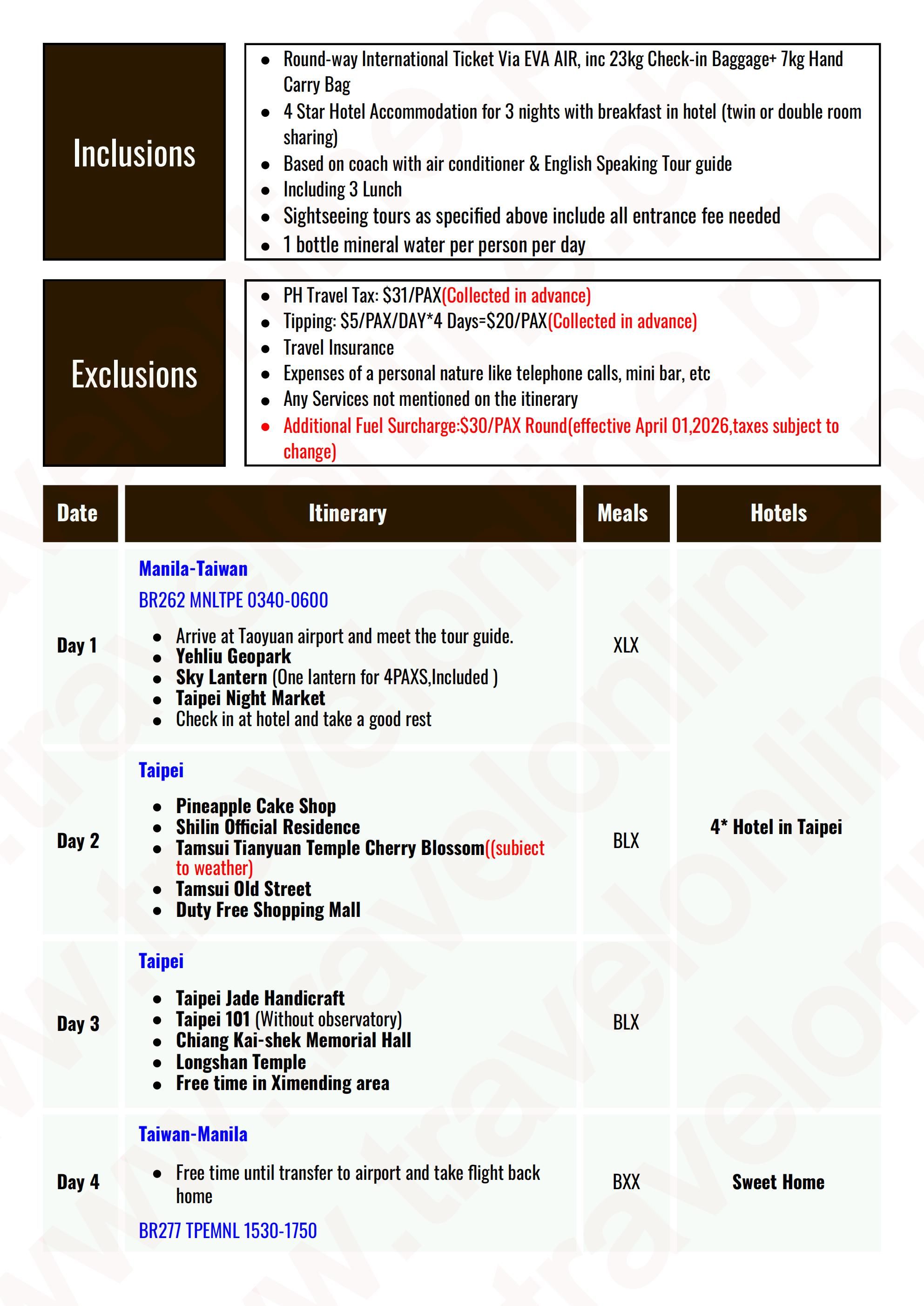TAIWAN 4 DAYS 3 NIGHTS ALL IN JOINER GROUP TOUR PACKAGE FROM MANILA PHILIPPINES - AS LOW AS: $569/PAX - TRAVELONLINE itinerary