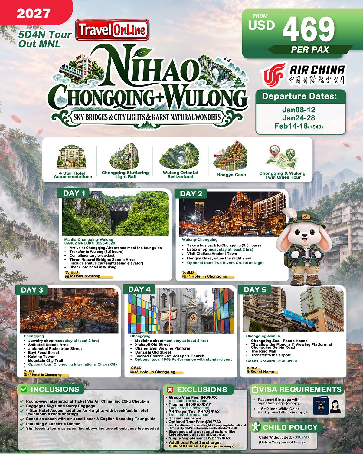 CHONGQING WULONG CHINA 5 DAYS 4 NIGHTS ALL IN JOINER GROUP TOUR PACKAGE FROM MANILA PHILIPPINES - AS LOW AS: $469/PAX - TRAVELONLINE promo image