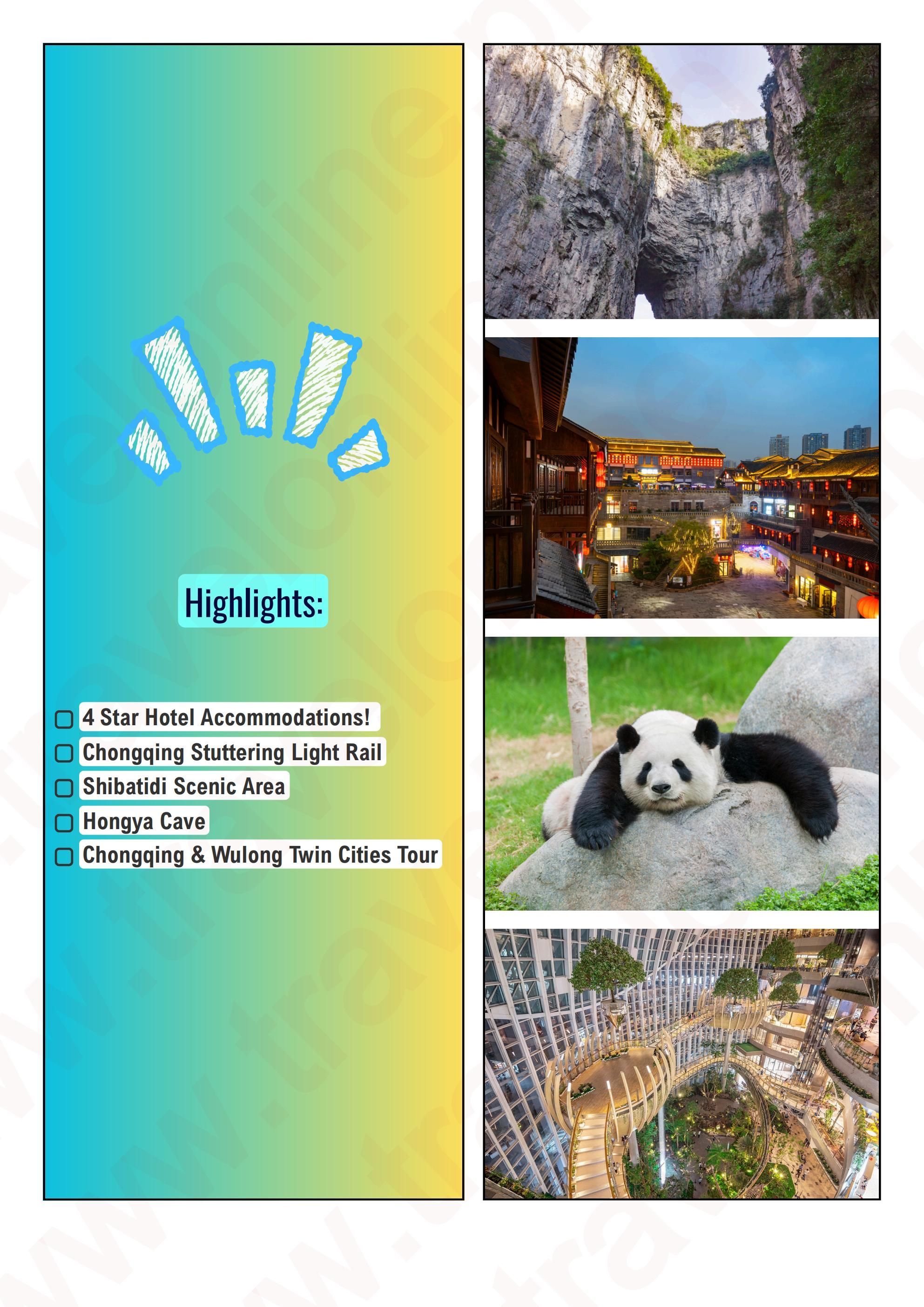 CHONGQING WULONG CHINA 5 DAYS 4 NIGHTS ALL IN JOINER GROUP TOUR PACKAGE FROM MANILA PHILIPPINES - AS LOW AS: $469/PAX - TRAVELONLINE itinerary