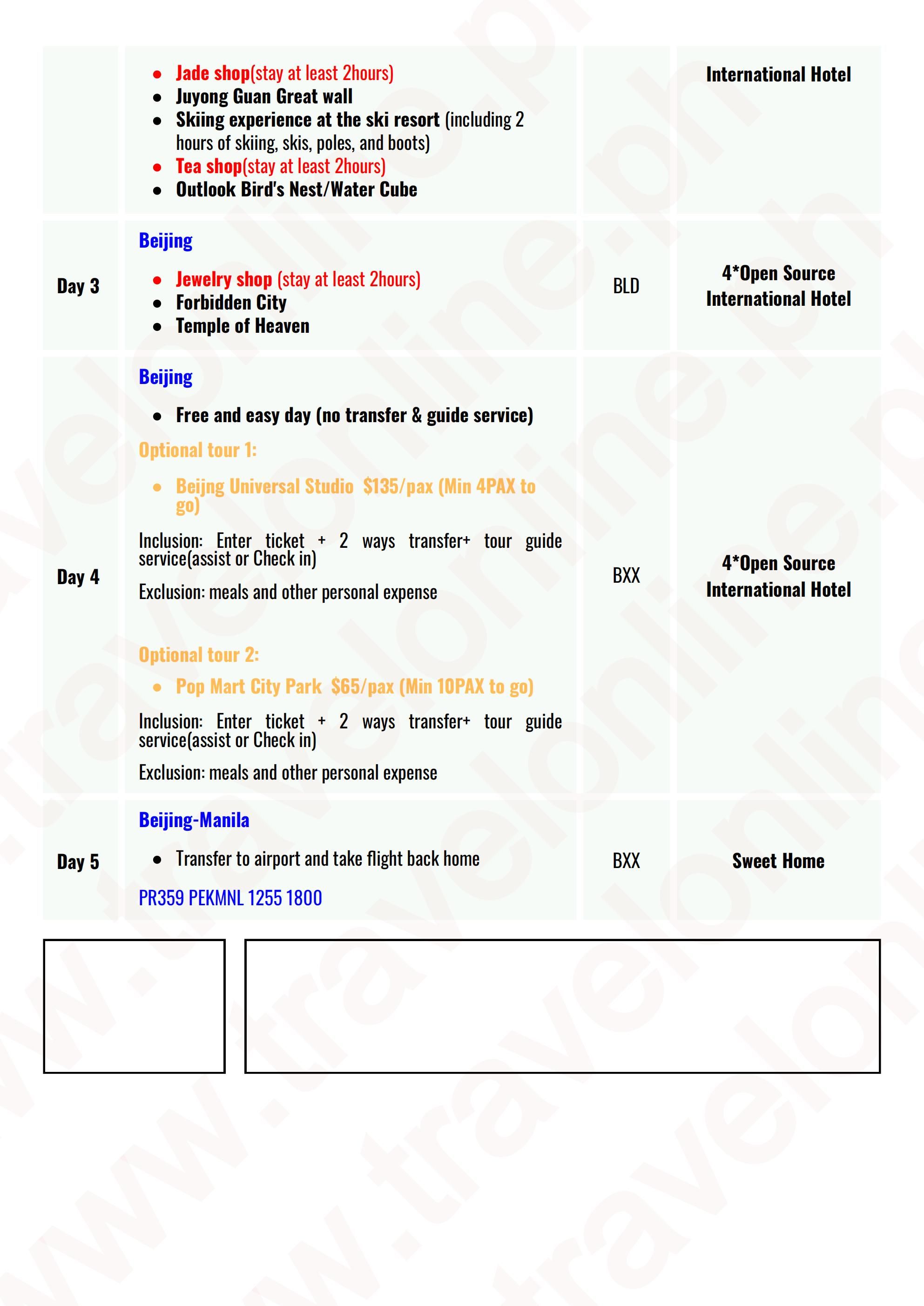 BEIJING CHINA 5 DAYS 4 NIGHTS ALL IN JOINER GROUP TOUR PACKAGE FROM MANILA PHILIPPINES - AS LOW AS: $499/PAX - TRAVELONLINE itinerary