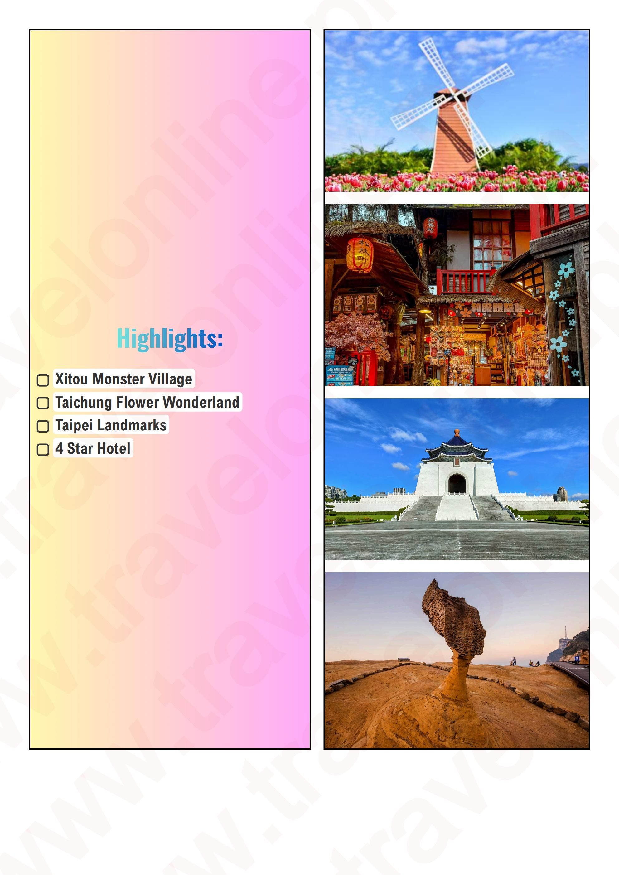 TAIWAN 4 DAYS 3 NIGHTS ALL IN JOINER GROUP TOUR PACKAGE FROM MANILA PHILIPPINES - AS LOW AS: $579/PAX - TRAVELONLINE itinerary