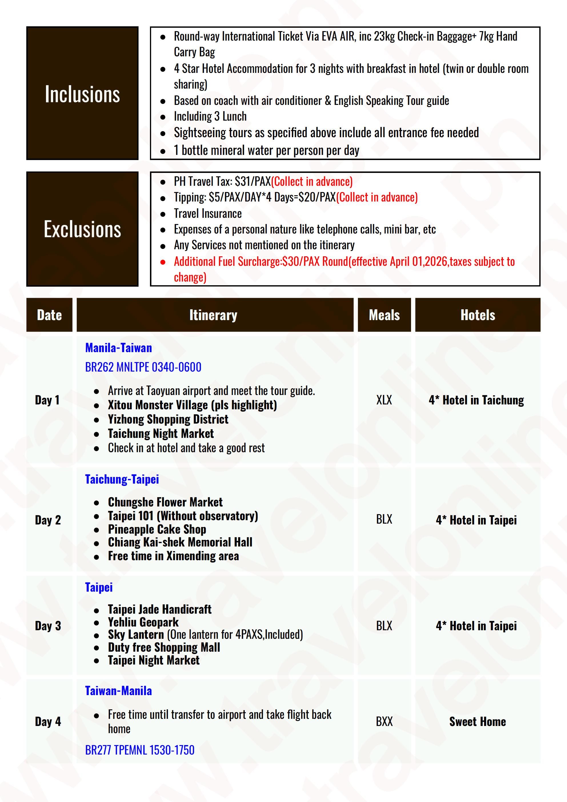 TAIWAN 4 DAYS 3 NIGHTS ALL IN JOINER GROUP TOUR PACKAGE FROM MANILA PHILIPPINES - AS LOW AS: $579/PAX - TRAVELONLINE itinerary