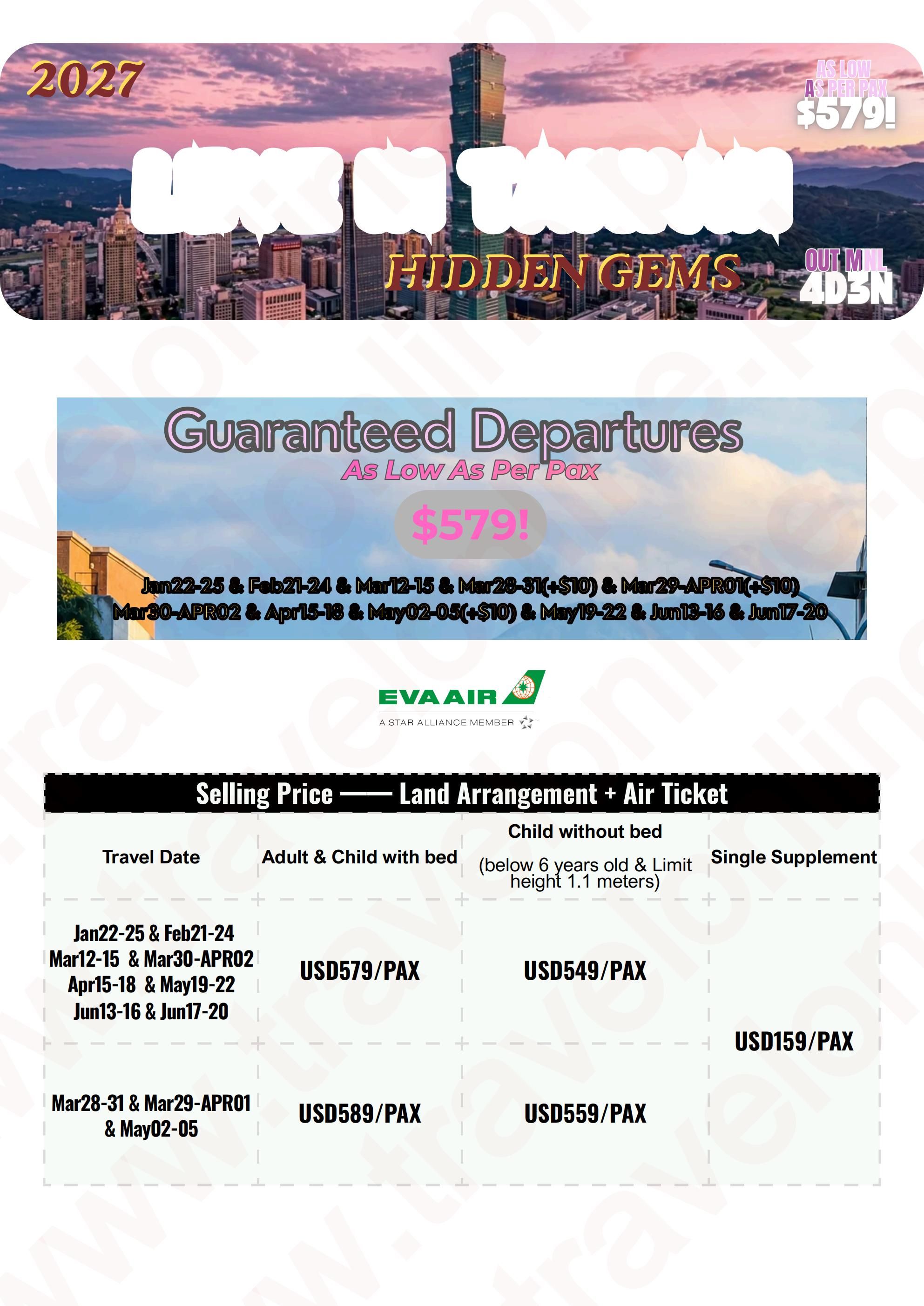 TAIWAN 4 DAYS 3 NIGHTS ALL IN JOINER GROUP TOUR PACKAGE FROM MANILA PHILIPPINES - AS LOW AS: $579/PAX - TRAVELONLINE itinerary
