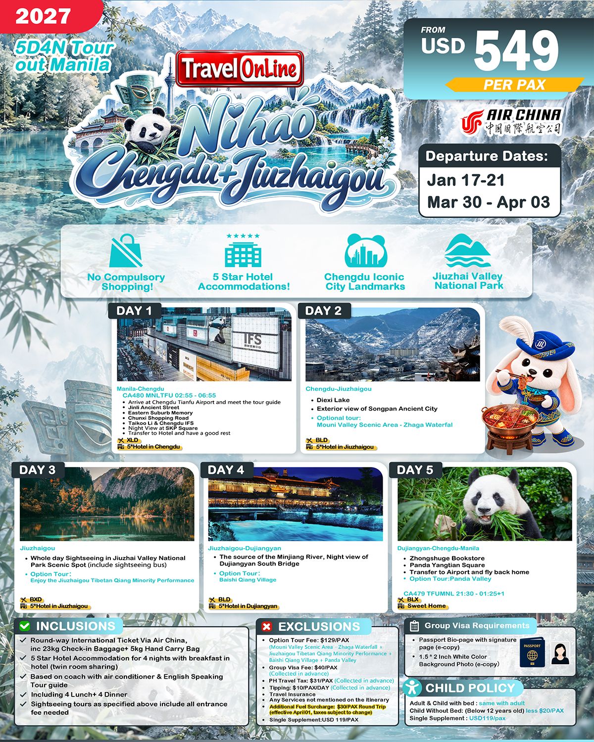 CHINA CHENGDU JIUZHAIGOU 5 DAYS 4 NIGHTS ALL IN JOINER GROUP TOUR PACKAGE FROM MANILA PHILIPPINES - AS LOW AS: $549/PAX - TRAVELONLINE promo image