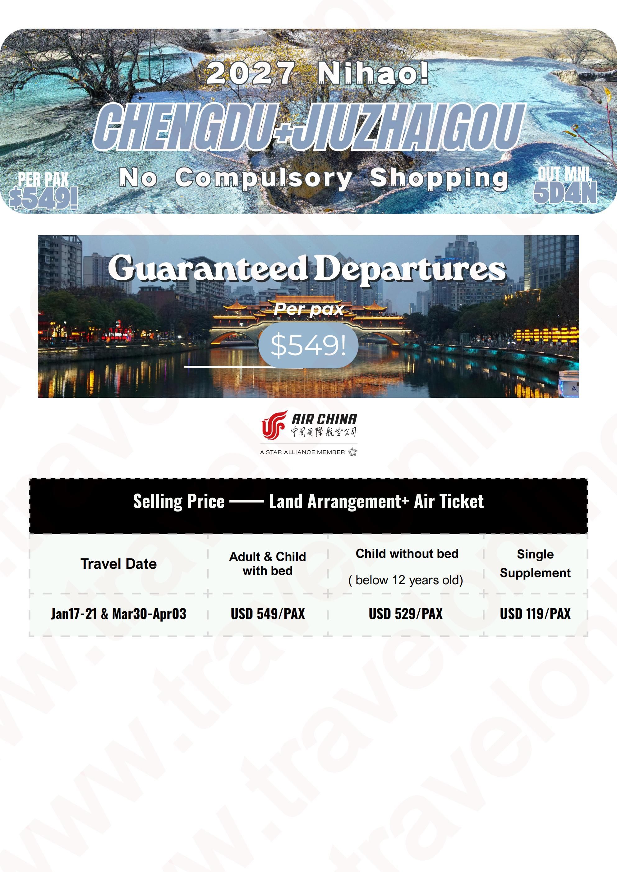 CHINA CHENGDU JIUZHAIGOU 5 DAYS 4 NIGHTS ALL IN JOINER GROUP TOUR PACKAGE FROM MANILA PHILIPPINES - AS LOW AS: $549/PAX - TRAVELONLINE itinerary