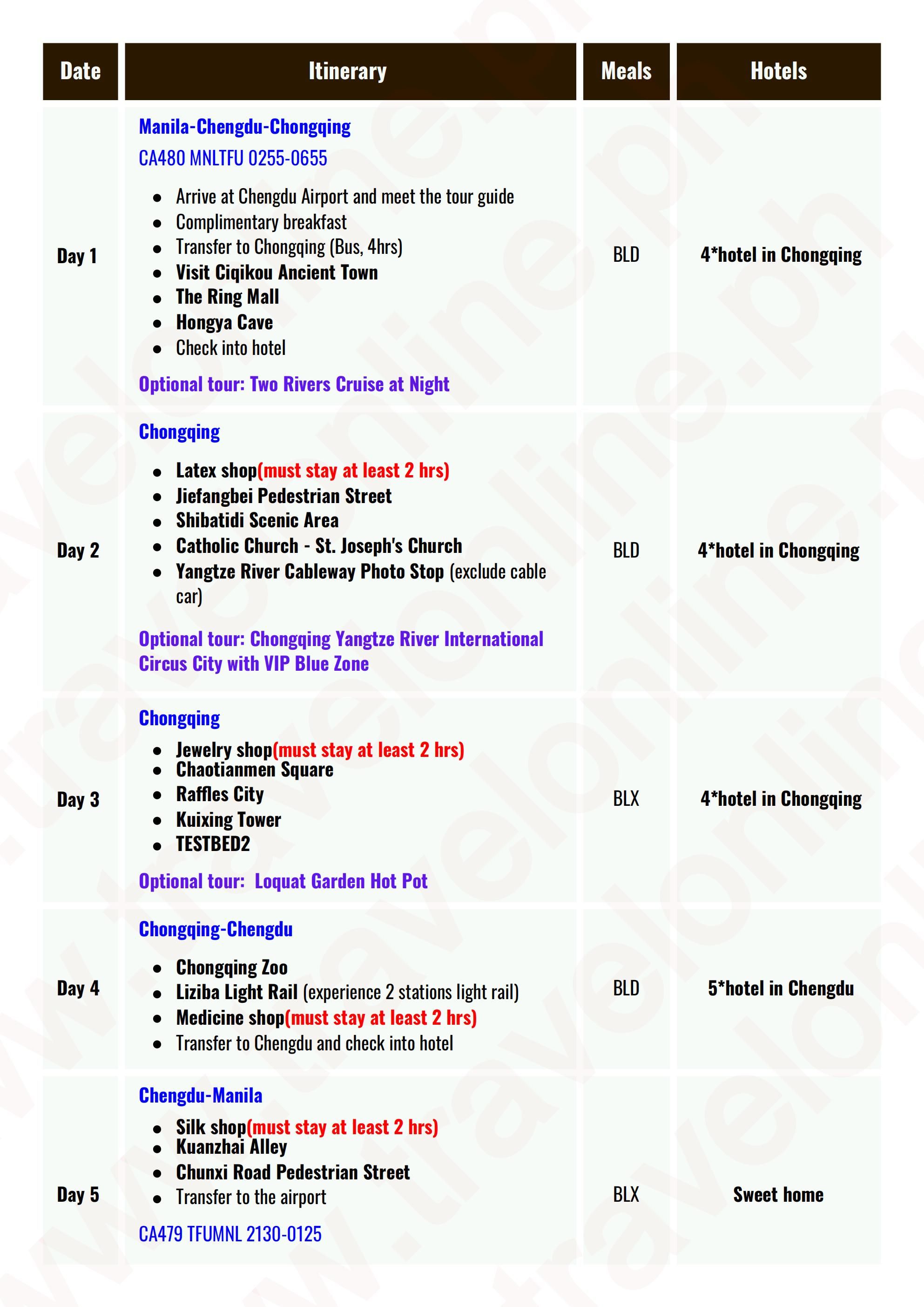 CHONGQING CHENGDU CHINA 5 DAYS 4 NIGHTS ALL IN JOINER GROUP TOUR PACKAGE FROM MANILA PHILIPPINES - AS LOW AS: $439/PAX - TRAVELONLINE itinerary