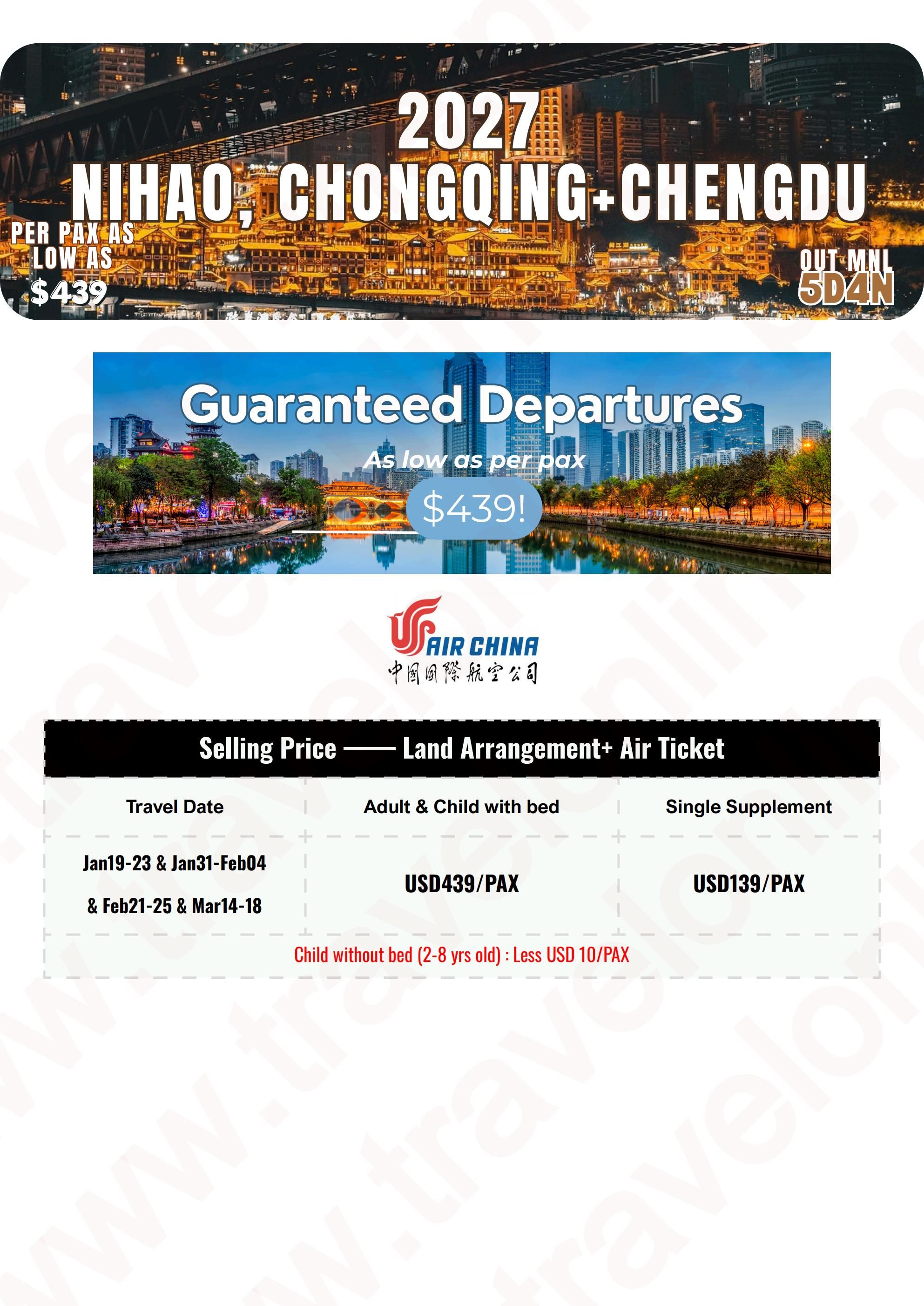 CHONGQING CHENGDU CHINA 5 DAYS 4 NIGHTS ALL IN JOINER GROUP TOUR PACKAGE FROM MANILA PHILIPPINES - AS LOW AS: $439/PAX - TRAVELONLINE itinerary