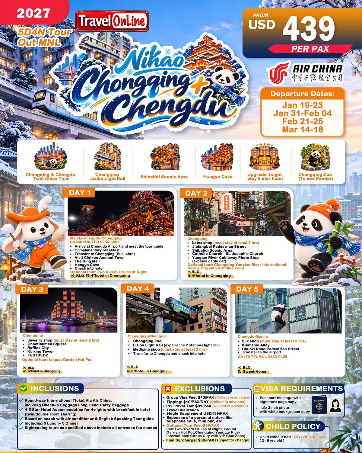 CHONGQING CHENGDU CHINA 5 DAYS 4 NIGHTS ALL IN JOINER GROUP TOUR PACKAGE FROM MANILA PHILIPPINES - AS LOW AS: $439/PAX - TRAVELONLINE promo image