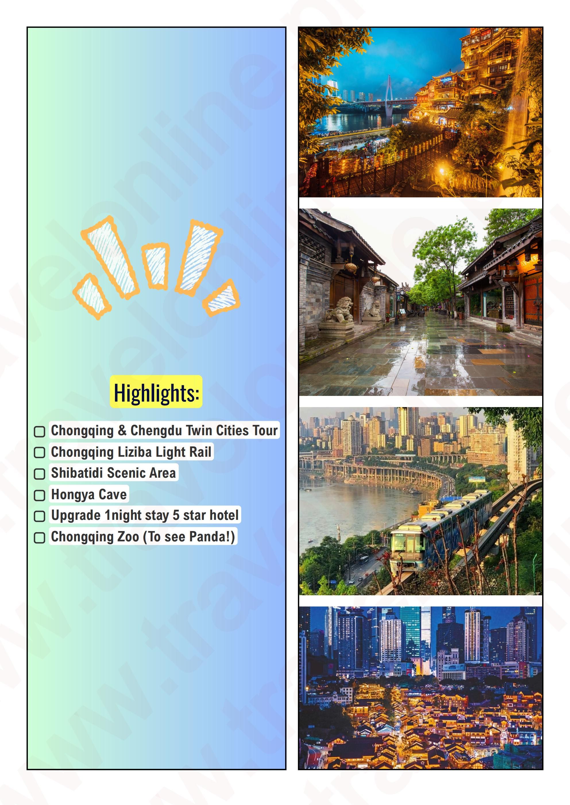 CHONGQING CHENGDU CHINA 5 DAYS 4 NIGHTS ALL IN JOINER GROUP TOUR PACKAGE FROM MANILA PHILIPPINES - AS LOW AS: $439/PAX - TRAVELONLINE itinerary