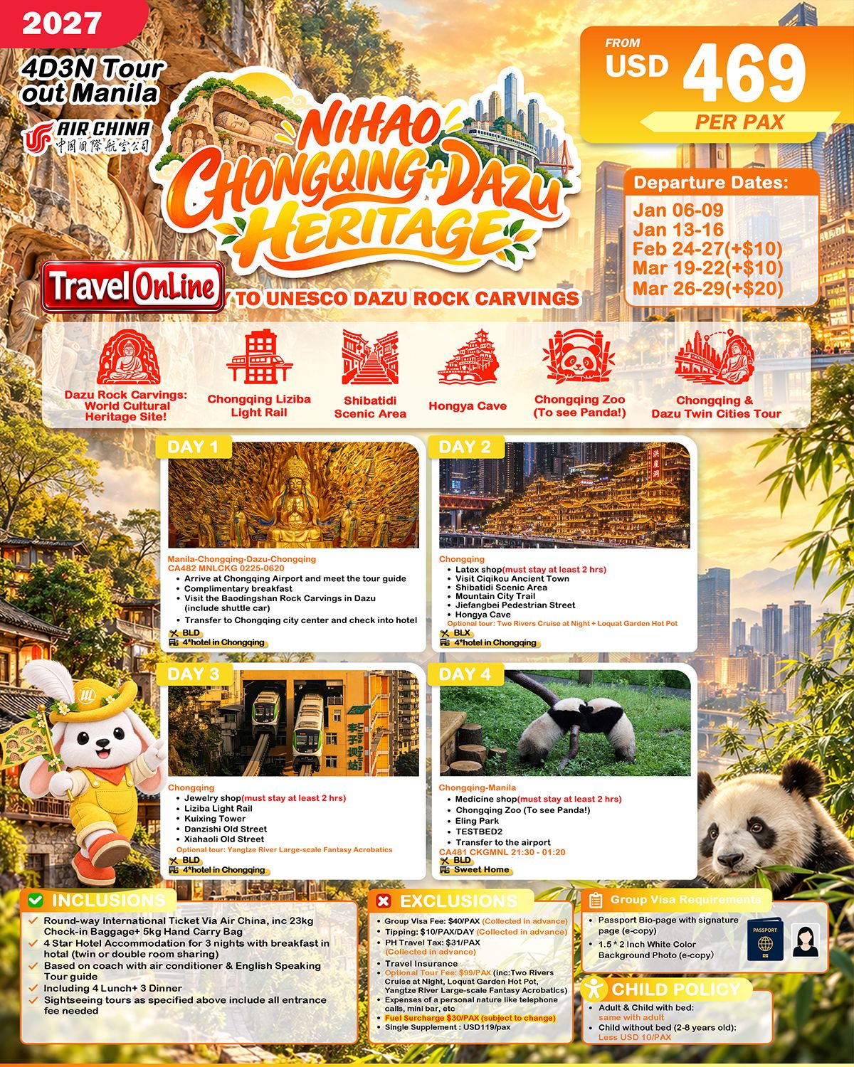 CHINA CHONGQING DAZU HERITAGE 4 DAYS 3 NIGHTS ALL IN JOINER GROUP TOUR PACKAGE FROM MANILA PHILIPPINES - AS LOW AS: $469/PAX - TRAVELONLINE promo image