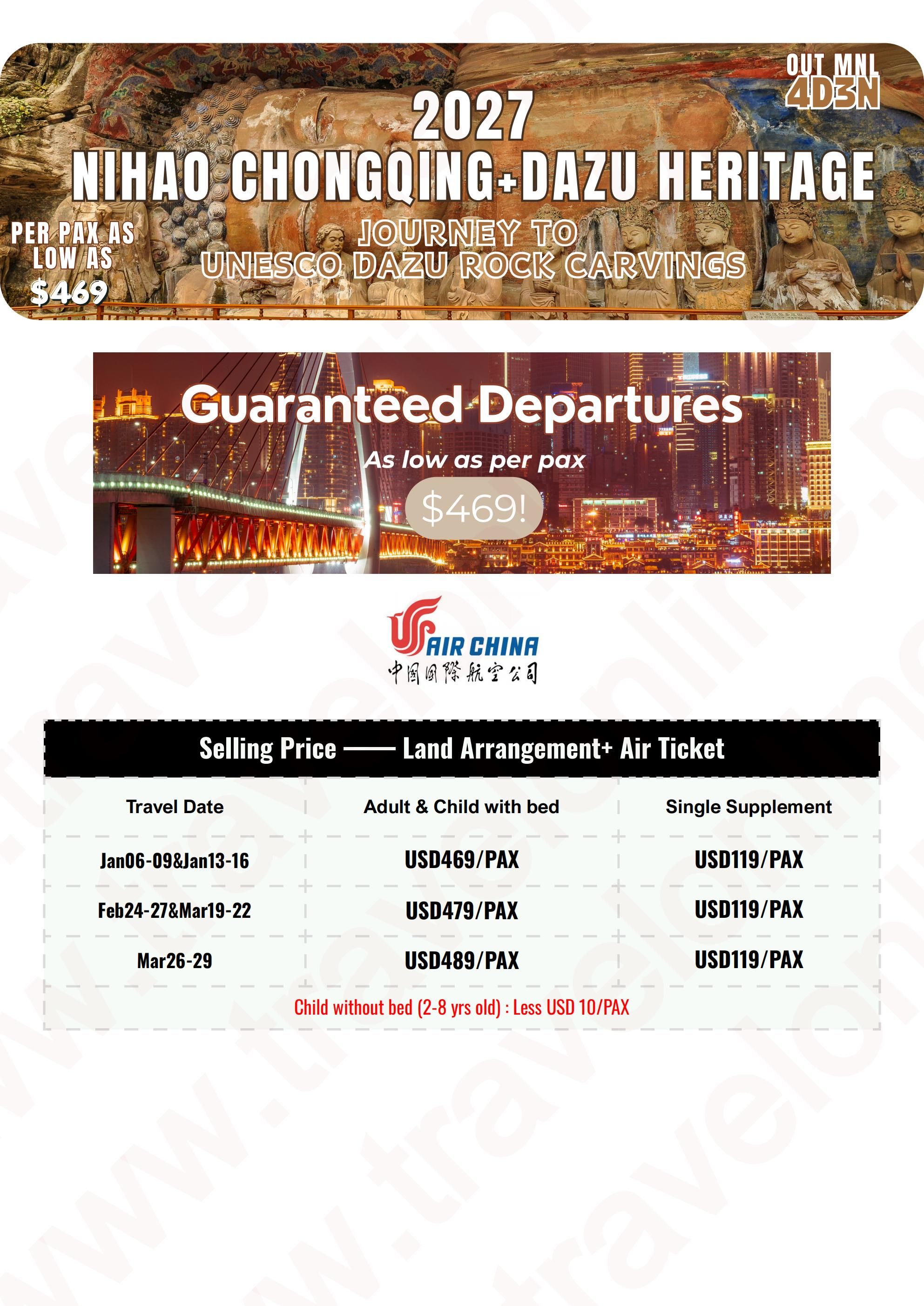 CHINA CHONGQING DAZU HERITAGE 4 DAYS 3 NIGHTS ALL IN JOINER GROUP TOUR PACKAGE FROM MANILA PHILIPPINES - AS LOW AS: $469/PAX - TRAVELONLINE itinerary