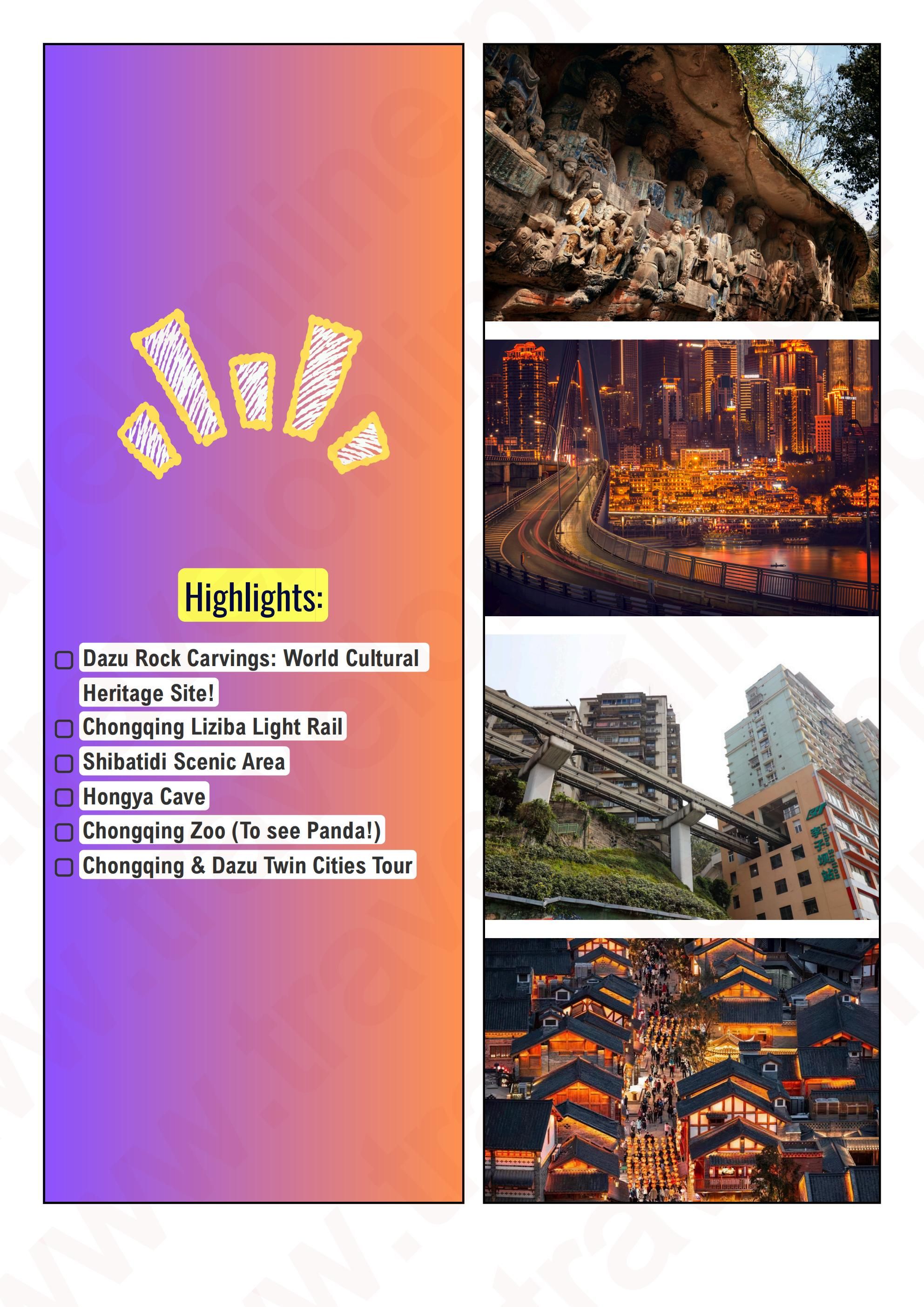 CHINA CHONGQING DAZU HERITAGE 4 DAYS 3 NIGHTS ALL IN JOINER GROUP TOUR PACKAGE FROM MANILA PHILIPPINES - AS LOW AS: $469/PAX - TRAVELONLINE itinerary