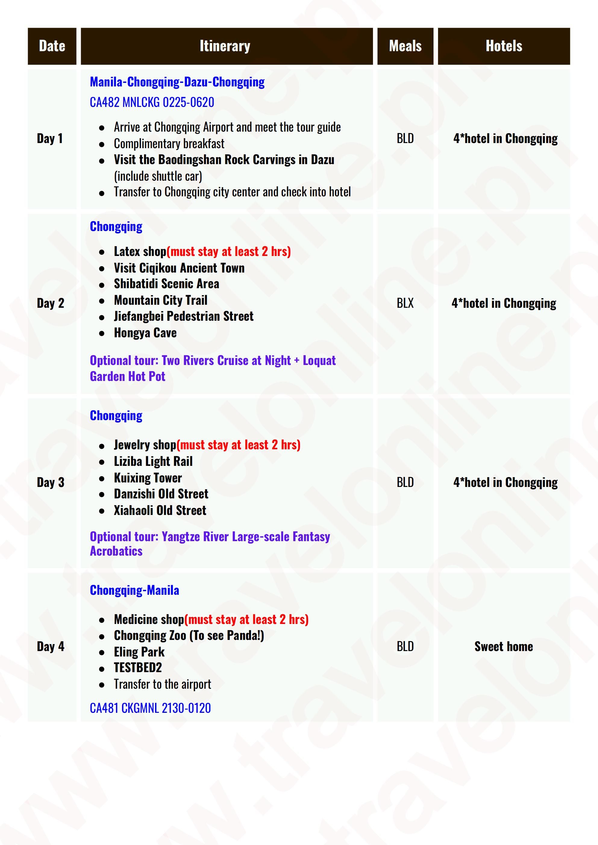 CHINA CHONGQING DAZU HERITAGE 4 DAYS 3 NIGHTS ALL IN JOINER GROUP TOUR PACKAGE FROM MANILA PHILIPPINES - AS LOW AS: $469/PAX - TRAVELONLINE itinerary