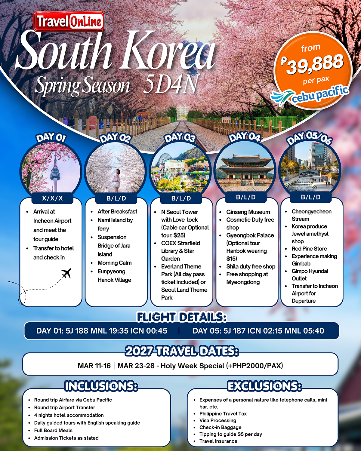 SOUTH KOREA SPRING SEASON 5 DAYS 4 NIGHTS ALL IN JOINER GROUP TOUR PACKAGE FROM MANILA PHILIPPINES - AS LOW AS: ₱39888/PAX - TRAVELONLINE promo image