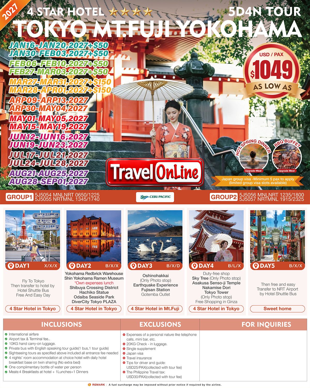 TOKYO MT. FUJI YOKOHAMA JAPAN 5 DAYS 4 NIGHTS ALL IN JOINER GROUP TOUR PACKAGE FROM MANILA PHILIPPINES - AS LOW AS: $1049/PAX - TRAVELONLINE promo image