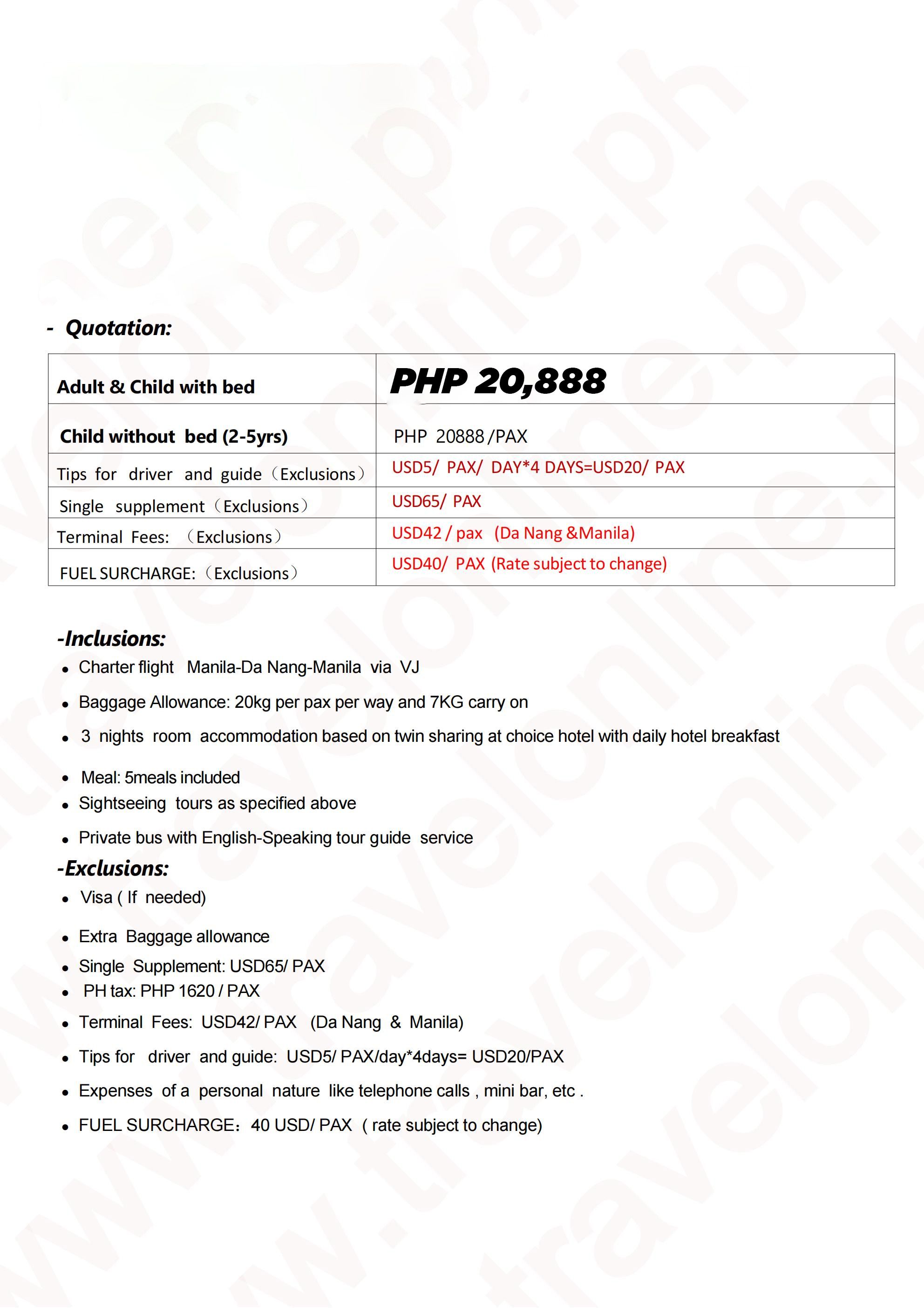 DA NANG VIETNAM 5 DAYS 3 NIGHTS CHARTER FLIGHT TOUR PACKAGE FROM MANILA PHILIPPINES: AS LOW AS ₱20888/PAX (ON SALE FROM ₱24888 - SAVE ₱4000) itinerary