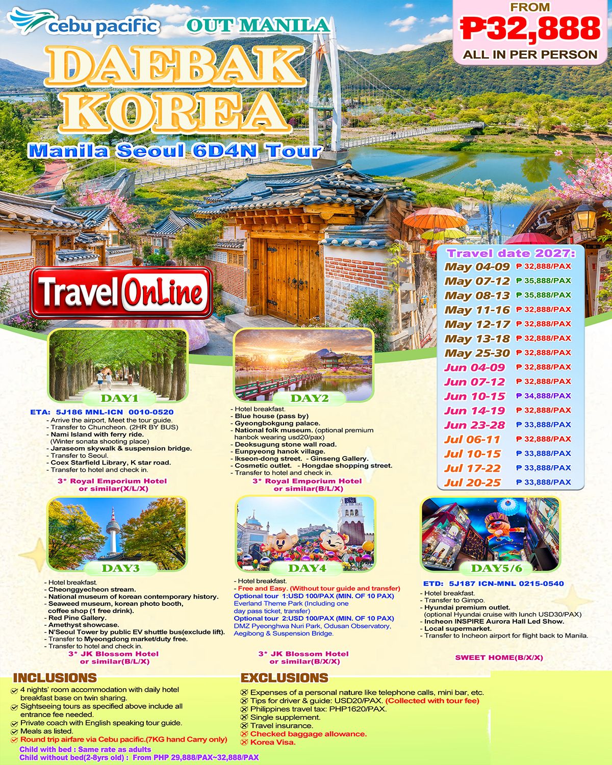 SOUTH KOREA DAEBAK KOREA 6 DAYS 4 NIGHTS ALL IN JOINER GROUP TOUR PACKAGE FROM MANILA PHILIPPINES - AS LOW AS: ₱32888/PAX - TRAVELONLINE promo image