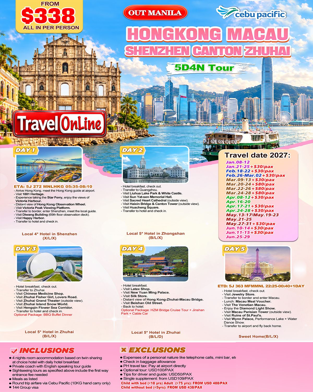 HONG KONG MACAU SHENZHEN CANTON ZHUHAI 5 DAYS 4 NIGHTS ALL IN JOINER GROUP TOUR PACKAGE FROM MANILA PHILIPPINES - AS LOW AS: $338/PAX - TRAVELONLINE promo image