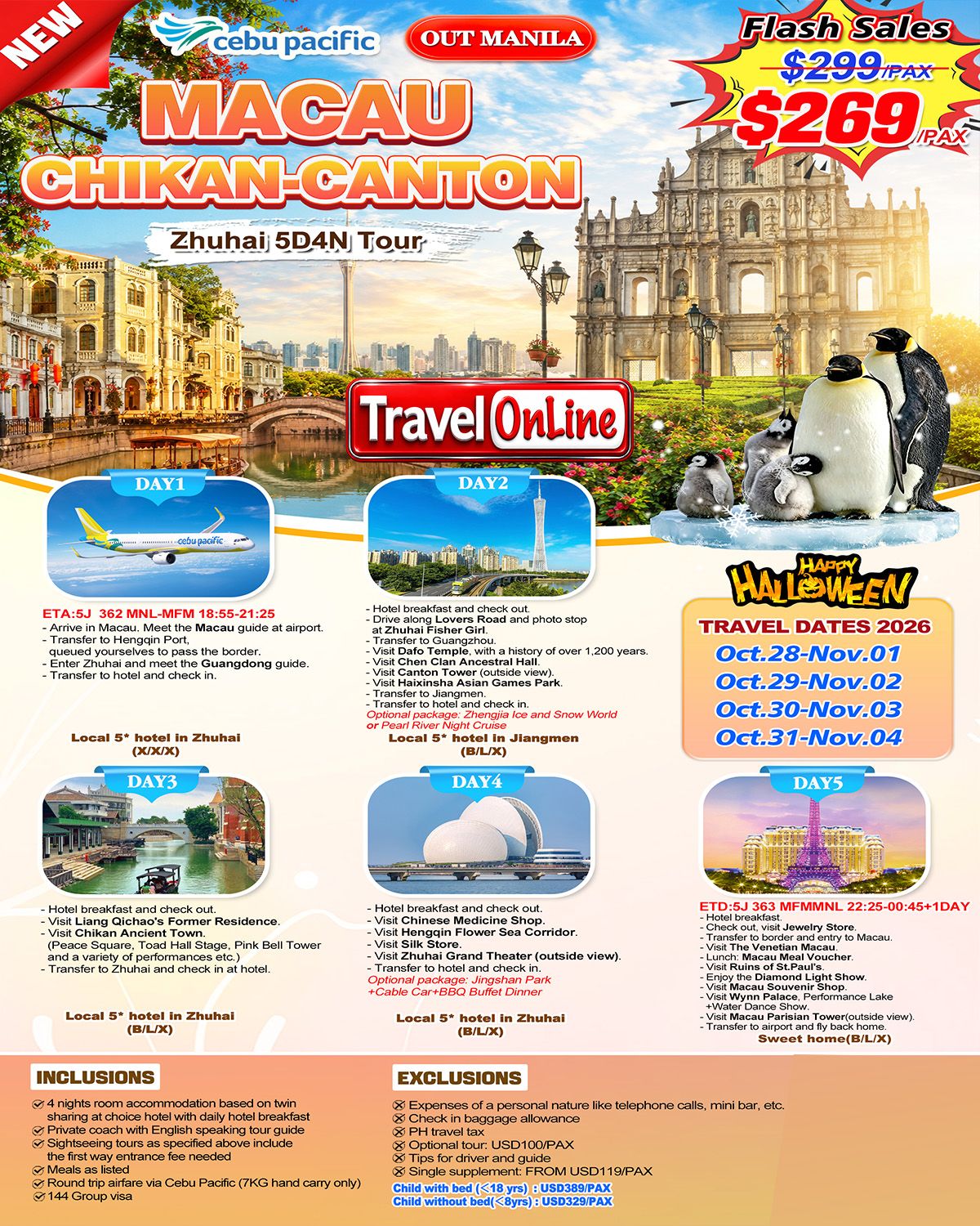 MACAU CHIKAN CANTON ZHUHAI 5 DAYS 4 NIGHTS ALL IN JOINER GROUP TOUR PACKAGE FROM MANILA PHILIPPINES - AS LOW AS: $269/PAX - TRAVELONLINE promo image