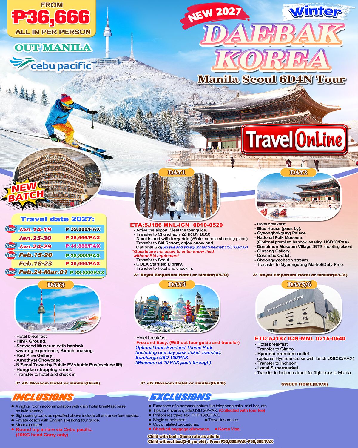 SOUTH KOREA DAEBAK KOREA WINTER 6 DAYS 4 NIGHTS ALL IN JOINER GROUP TOUR PACKAGE FROM MANILA PHILIPPINES - AS LOW AS: ₱36666/PAX - TRAVELONLINE promo image