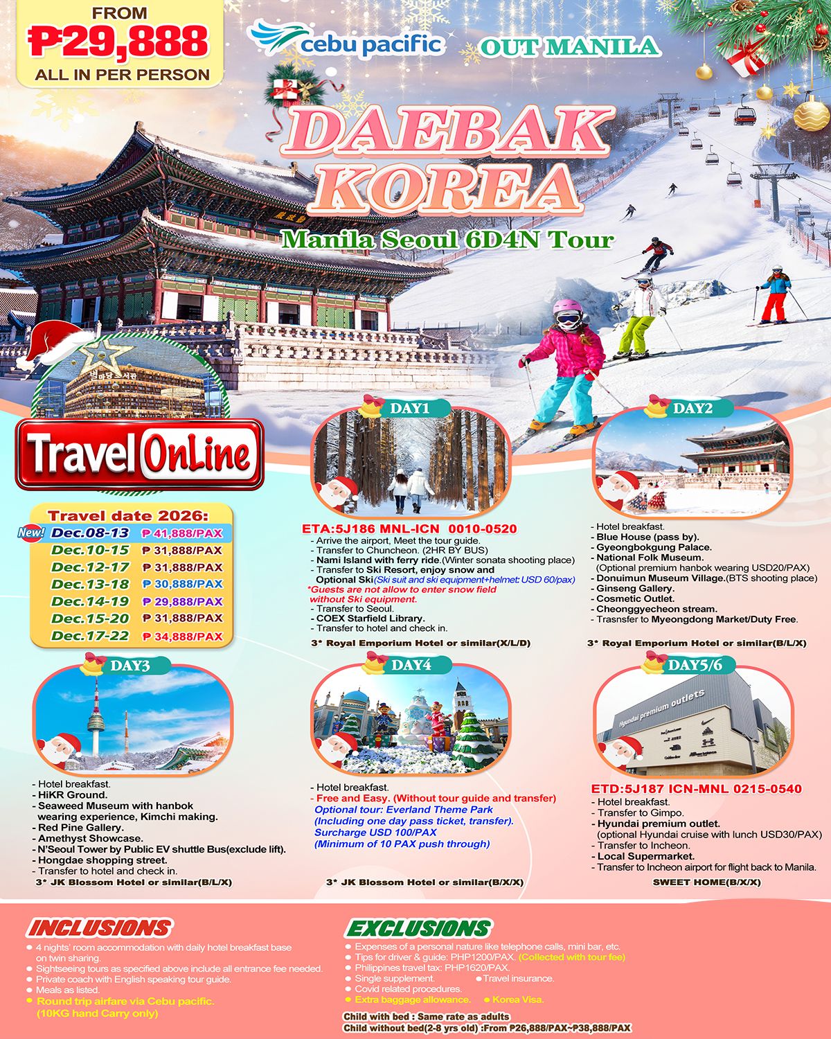SOUTH KOREA MANILA SEOUL 6 DAYS 4 NIGHTS ALL IN JOINER GROUP TOUR PACKAGE FROM MANILA PHILIPPINES - AS LOW AS: ₱29888/PAX - TRAVELONLINE promo image