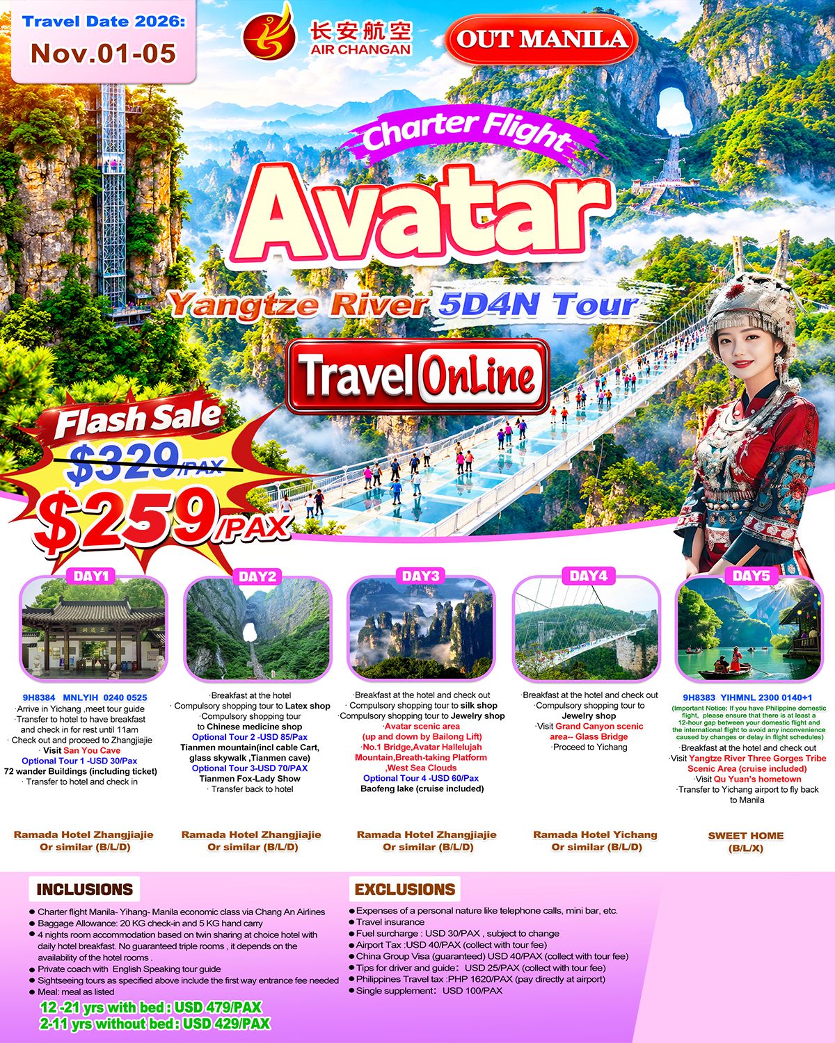 ZHANGJIAJIE YICHANG CHINA 5 DAYS 4 NIGHTS ALL IN JOINER GROUP TOUR PACKAGE FROM MANILA PHILIPPINES - AS LOW AS: $259/PAX - TRAVELONLINE promo image