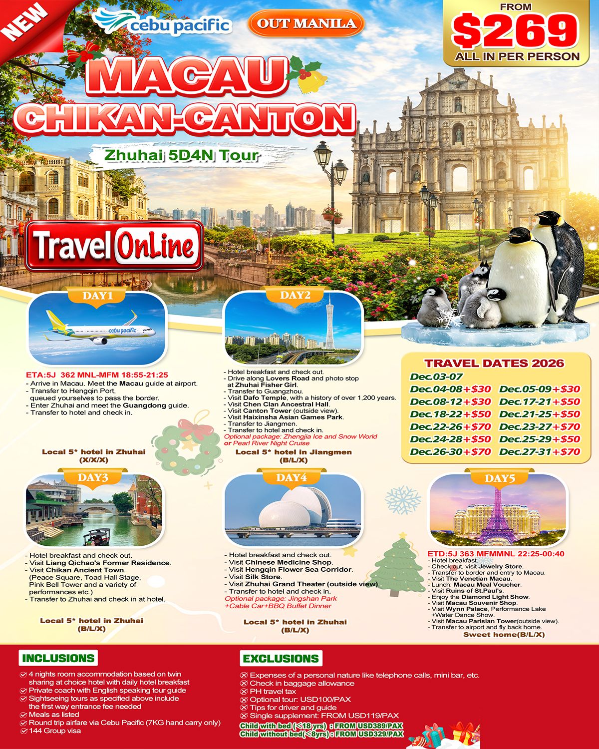 MACAU CHIKAN CANTON ZHUHAI 5 DAYS 4 NIGHTS ALL IN JOINER GROUP TOUR PACKAGE FROM MANILA PHILIPPINES - AS LOW AS: $269/PAX - TRAVELONLINE promo image