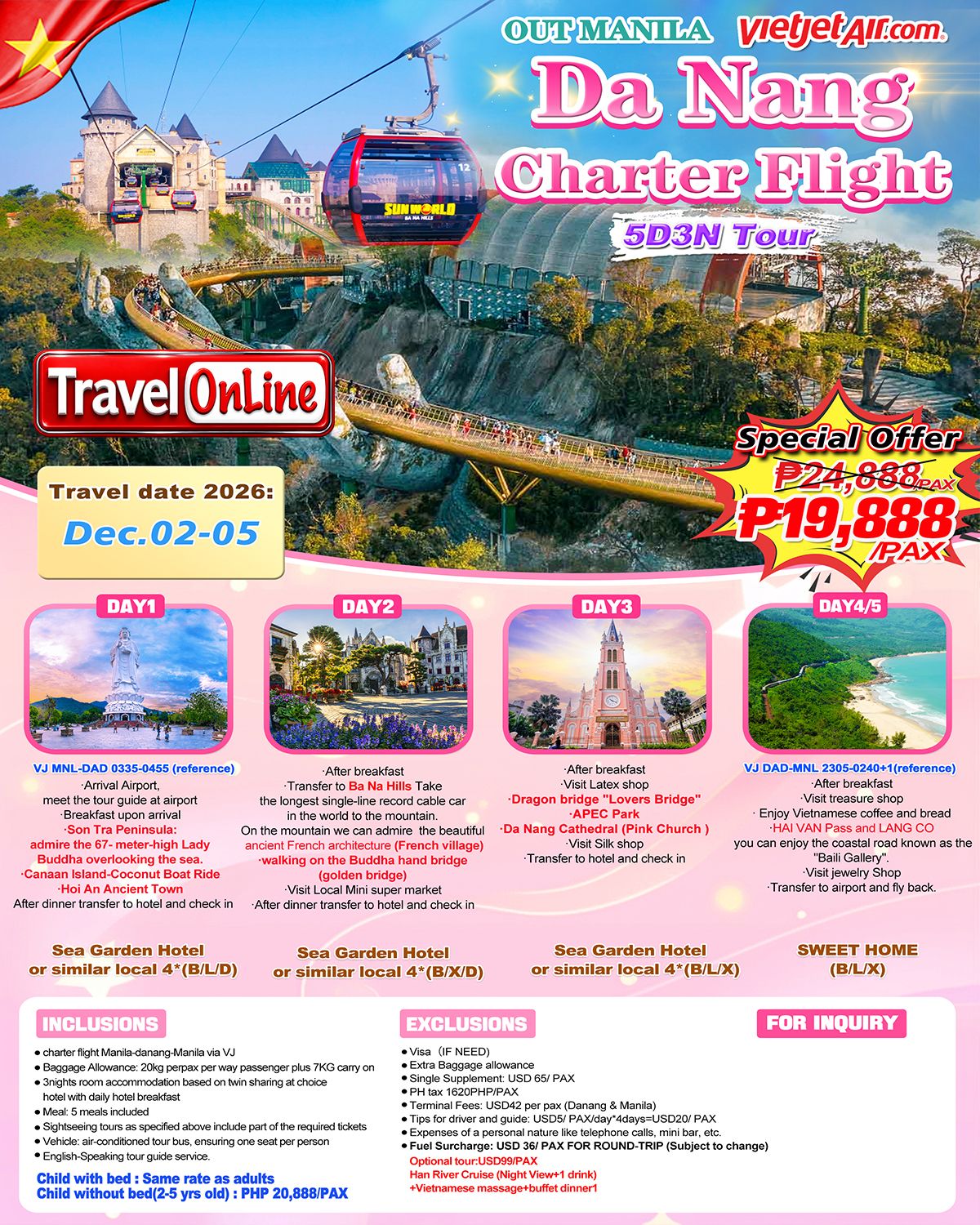 DA NANG VIETNAM 5 DAYS 3 NIGHTS ALL IN JOINER GROUP TOUR PACKAGE FROM MANILA PHILIPPINES - AS LOW AS: ₱19888/PAX - TRAVELONLINE promo image