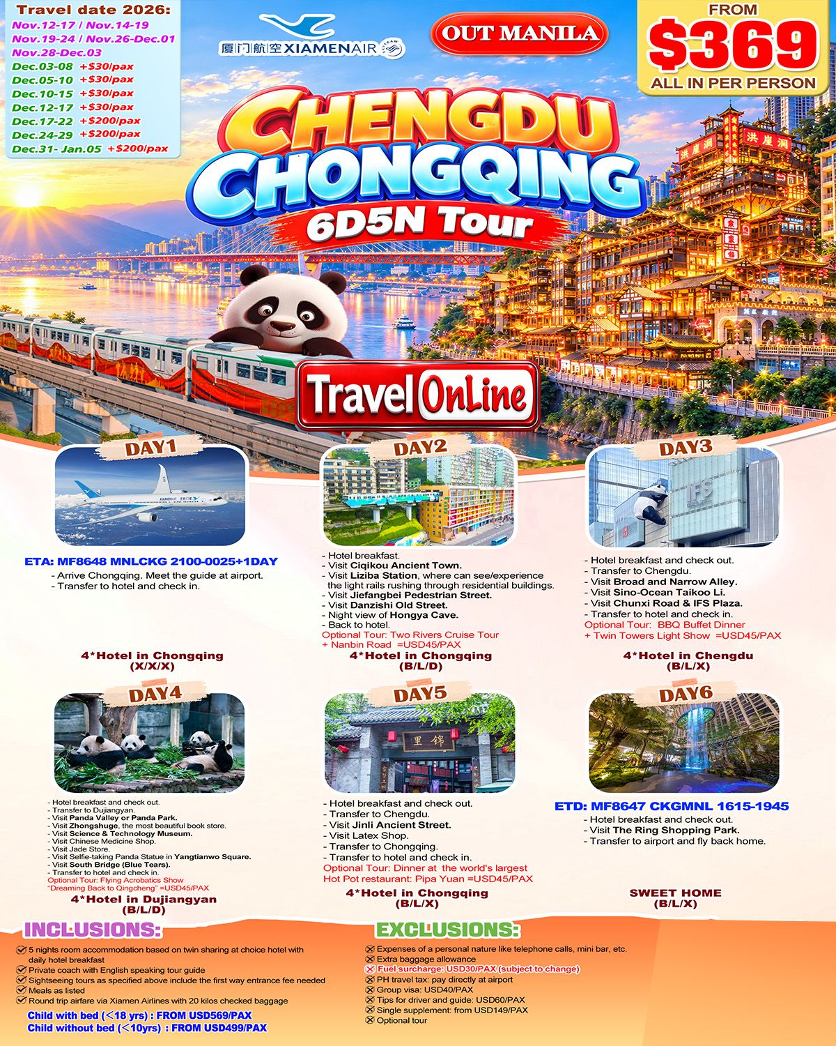 CHENGDU CHONGQING CHINA 6 DAYS 5 NIGHTS ALL IN JOINER GROUP TOUR PACKAGE FROM MANILA PHILIPPINES - AS LOW AS: $369/PAX - TRAVELONLINE promo image