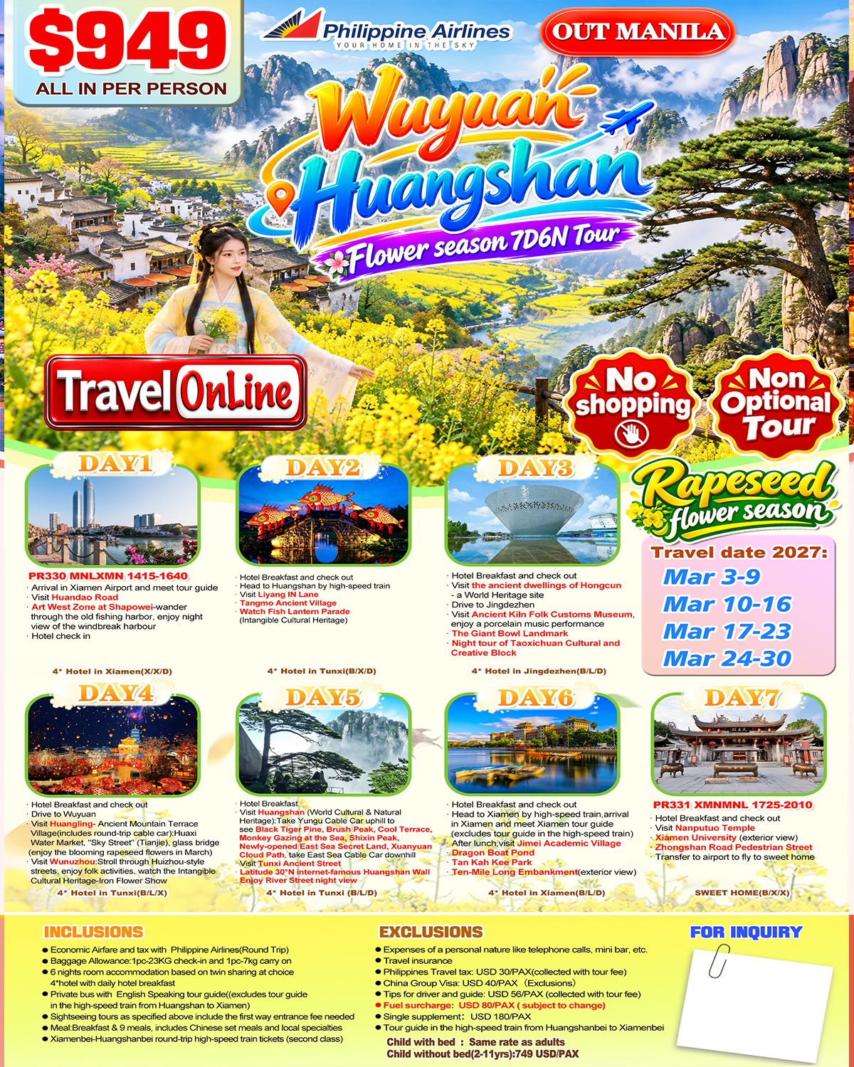 CHINA XIAMEN WUYUAN HUANGSHAN 7 DAYS 6 NIGHTS ALL IN JOINER GROUP TOUR PACKAGE FROM MANILA PHILIPPINES - AS LOW AS: $949/PAX - TRAVELONLINE promo image