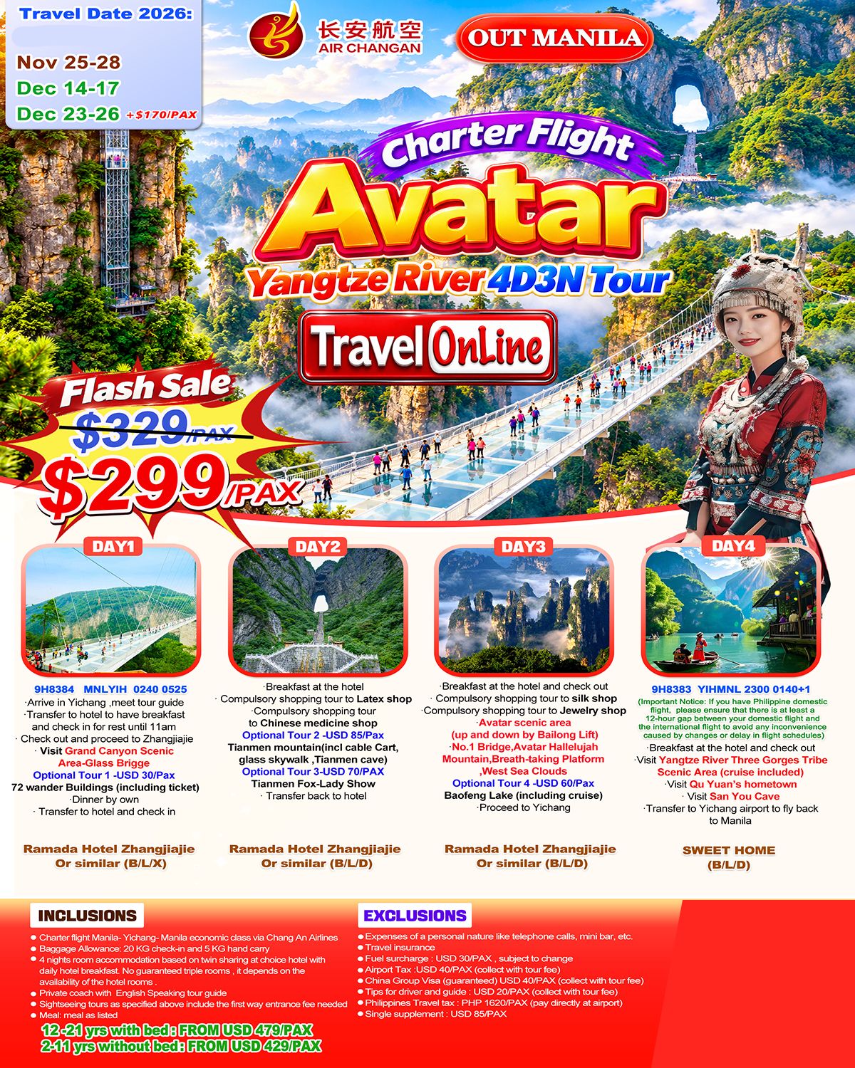 CHINA ZHANGJIAJIE YANGTZE RIVER 4 DAYS 3 NIGHTS ALL IN JOINER GROUP TOUR PACKAGE FROM MANILA PHILIPPINES - AS LOW AS: $299/PAX - TRAVELONLINE promo image